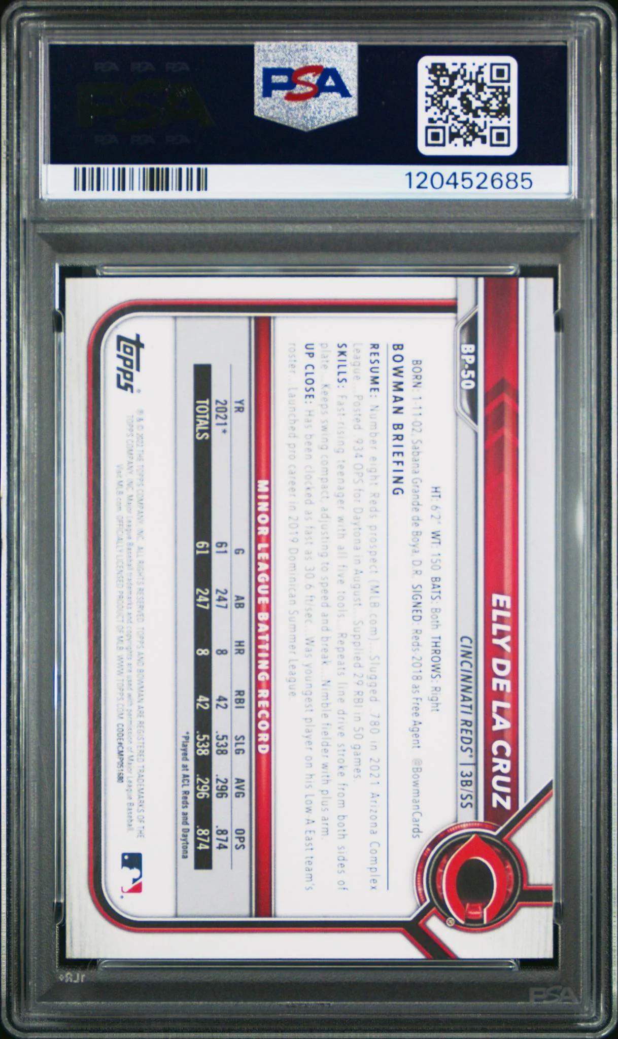 2022 Bowman Paper Prospect Elly De La Cruz #BP50 PSA 10 - Image 2
