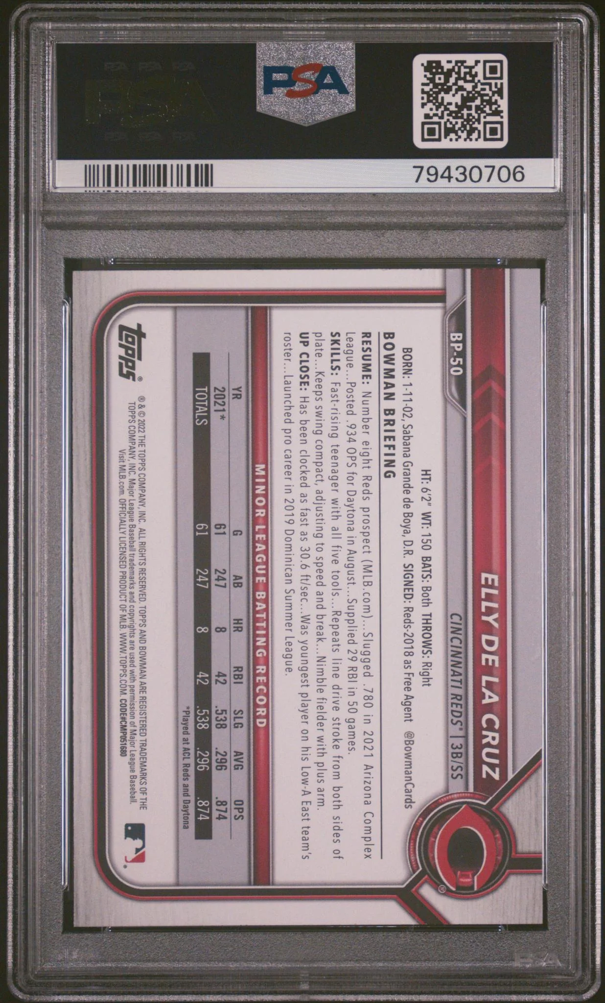 2022 Bowman Paper Prospect Elly De La Cruz #BP50 PSA 10 - Image 2