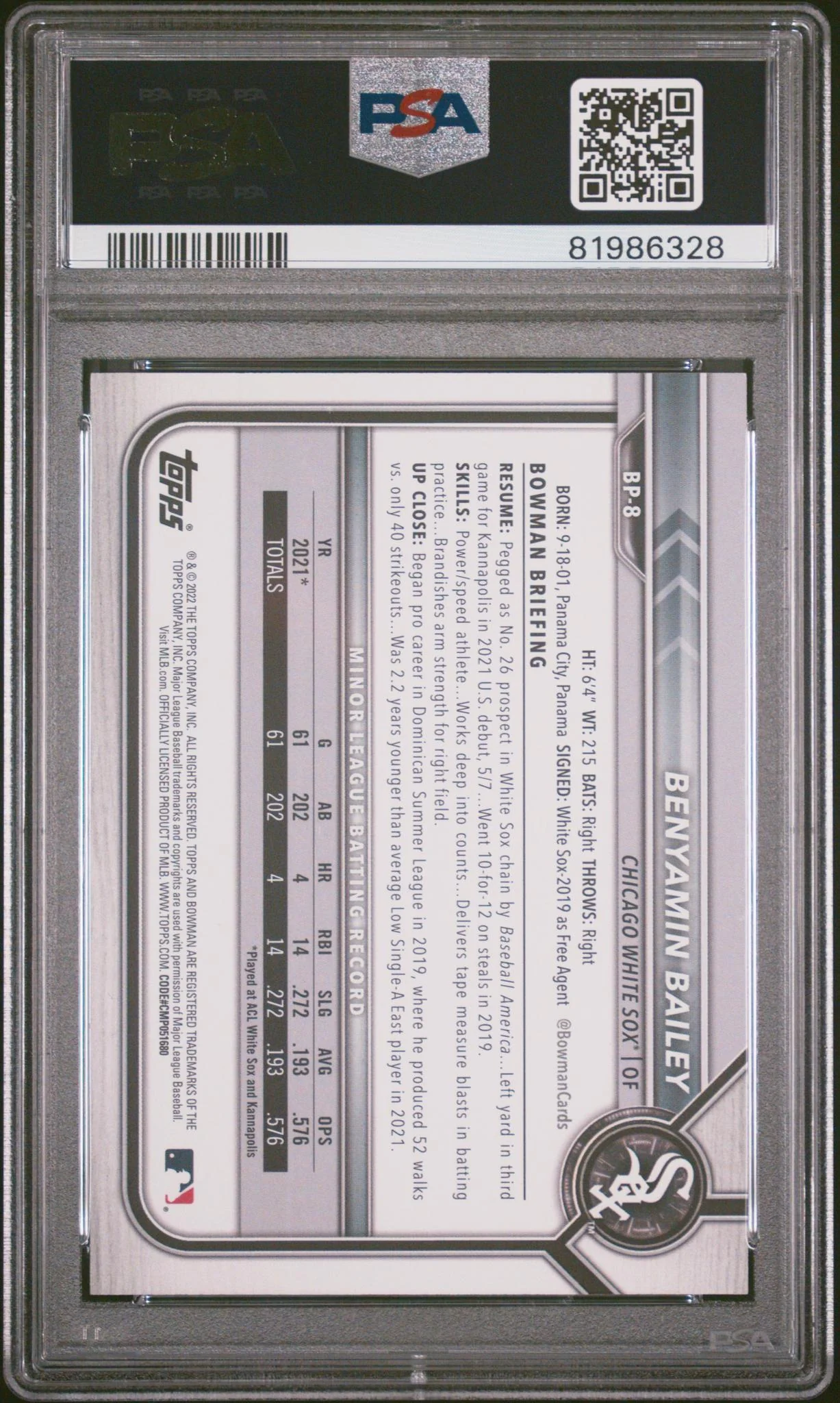 2022 Bowman Paper Prospects Sky Blue Benyamin Bailey #BP8 /499 PSA 10 - Image 2