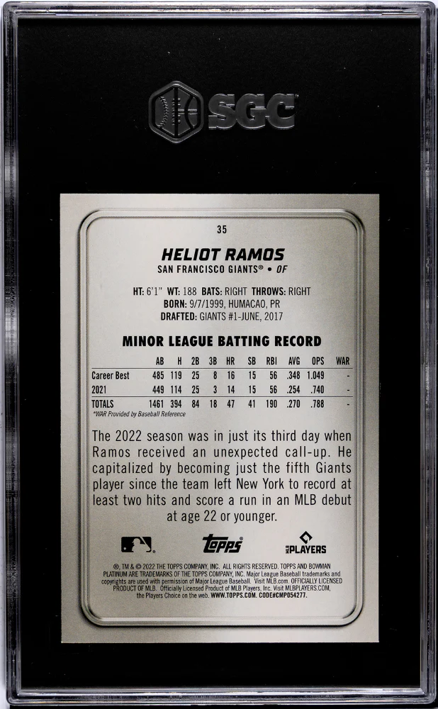 2022 Bowman Platinum Ice Foilboard Heliot Ramos #35 RC SGC 9.5 - Image 2