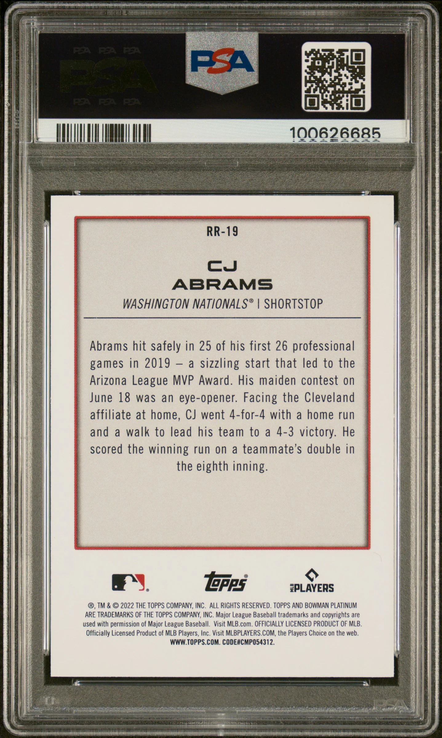 2022 Bowman Platinum Renowned Rookies Purple CJ Abrams #RR19 /250 PSA 10 100626685 - Image 2