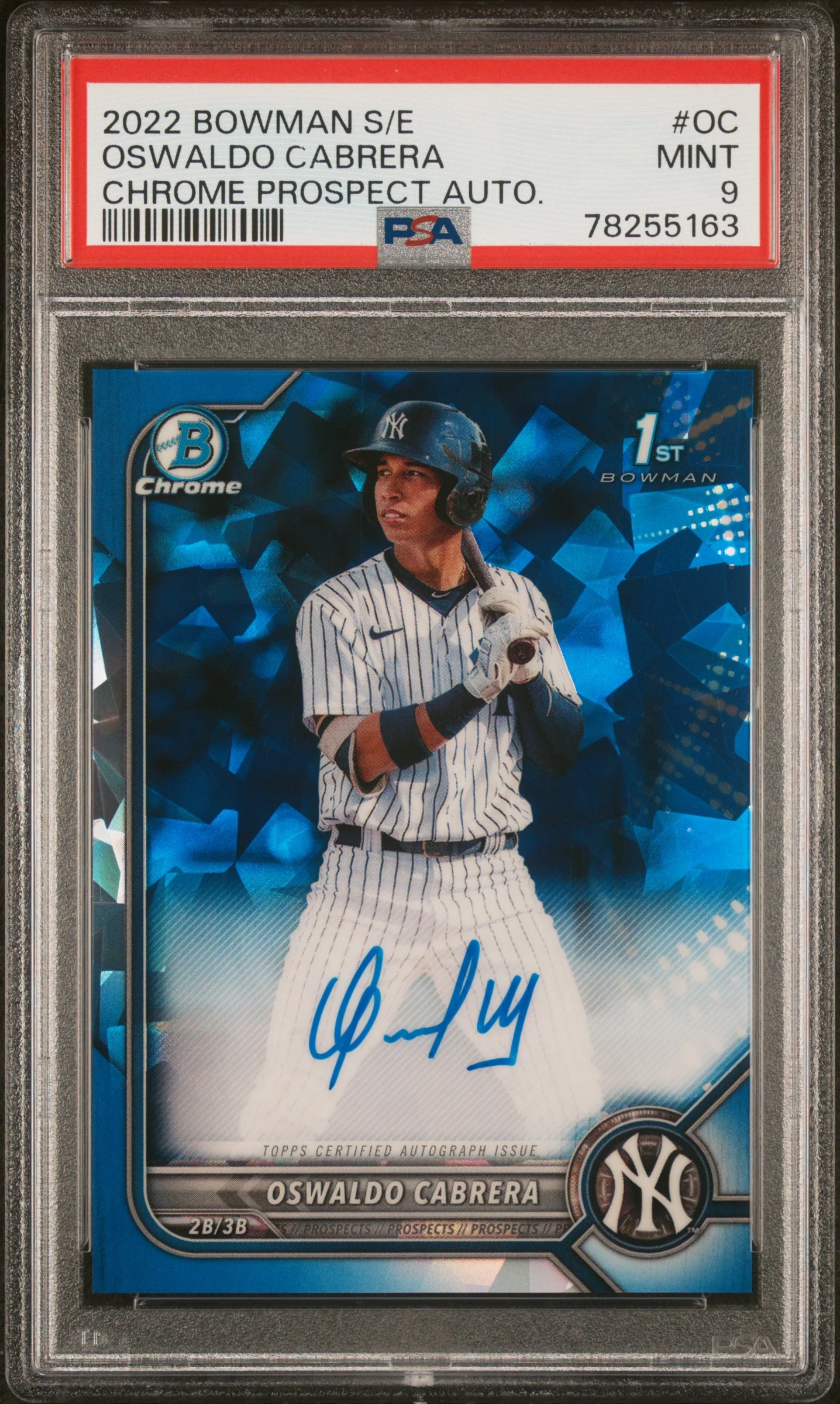 2022 Bowman Sapphire Chrome Prospect Autograph Oswaldo Cabrera #BSPAOC PSA 9