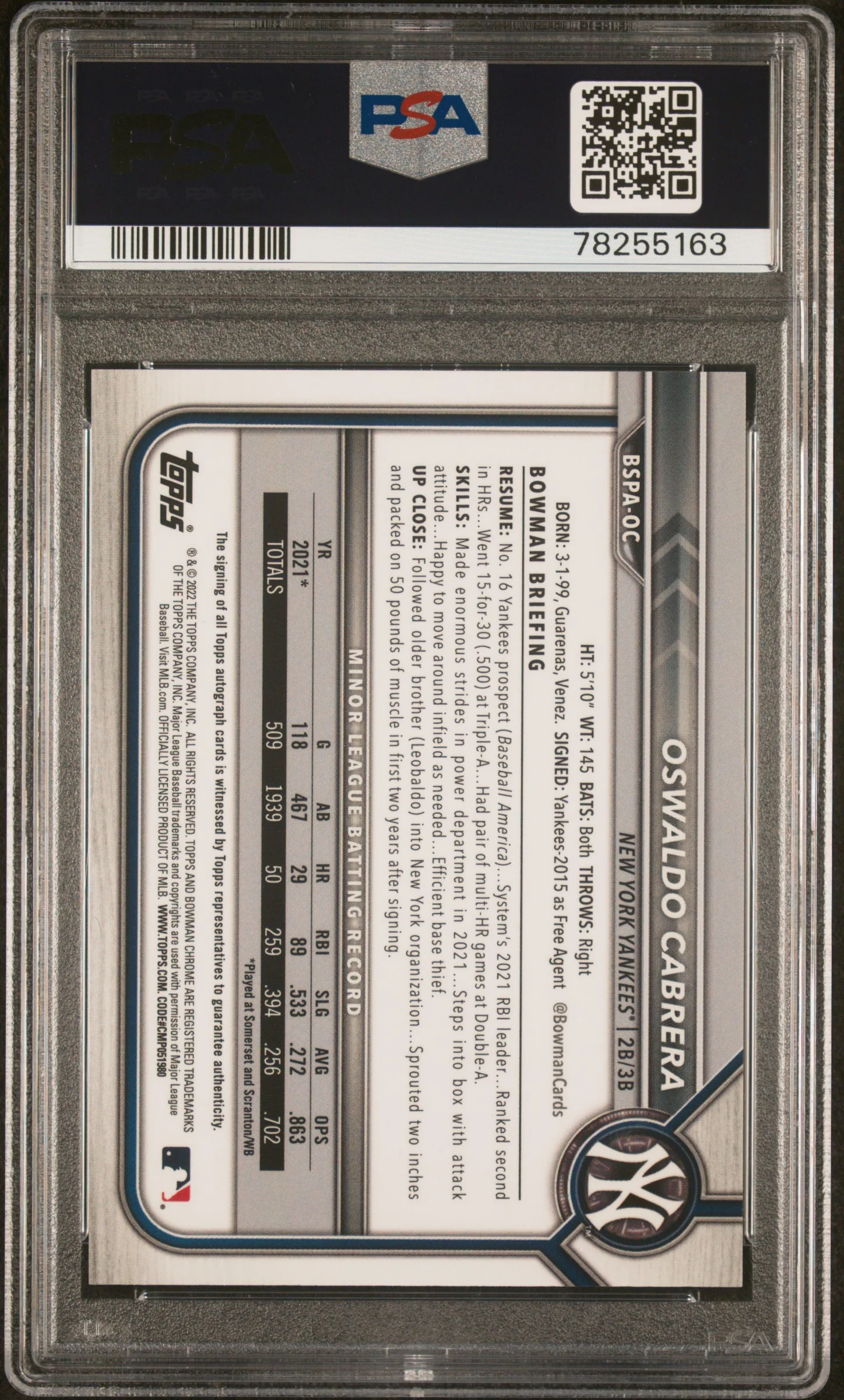 2022 Bowman Sapphire Chrome Prospect Autograph Oswaldo Cabrera #BSPAOC PSA 9 - Image 2