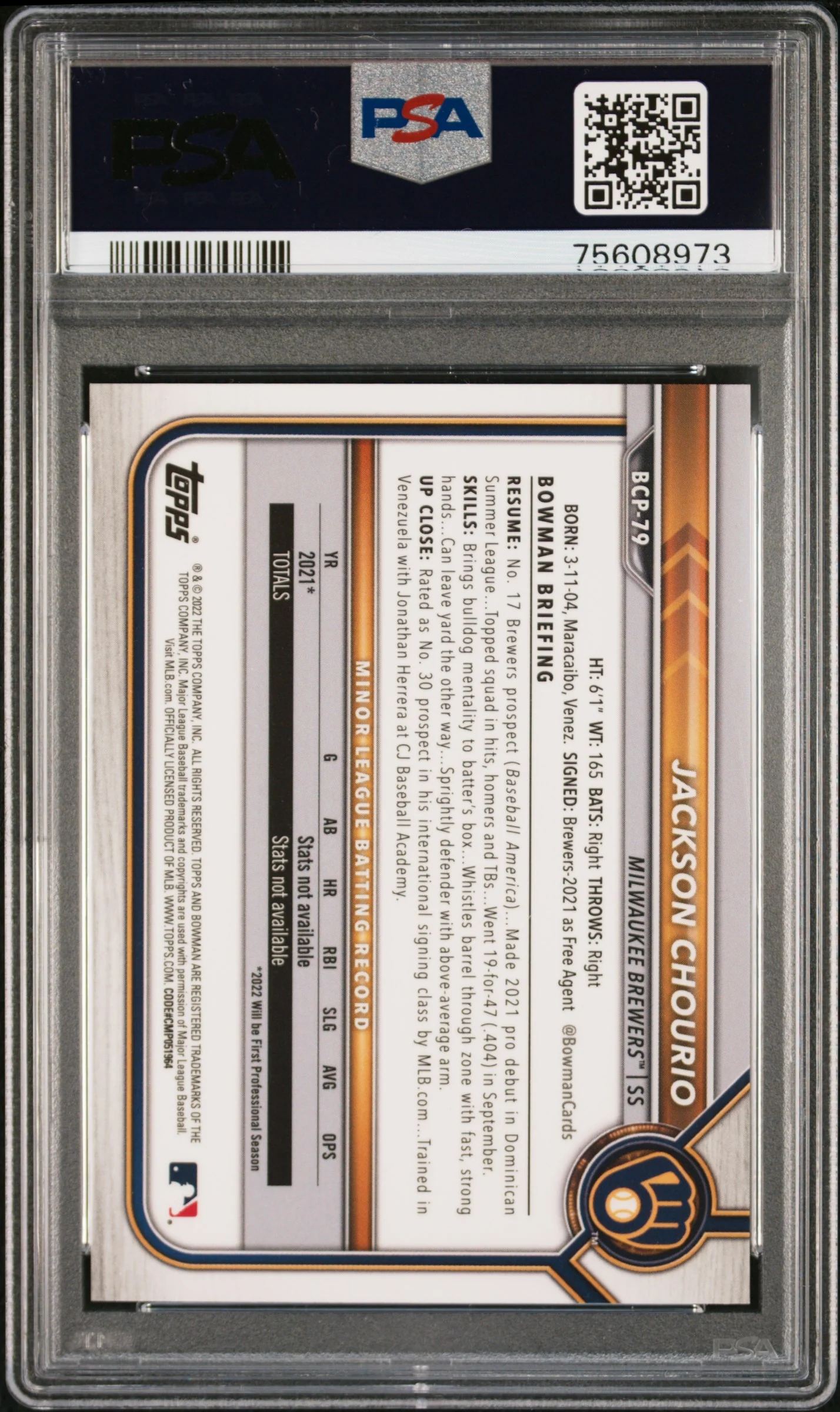 2022 Bowman Sapphire Chrome Prospect Purple Refractor Jackson Chourio #BCP79 /25 PSA 9 - Image 2