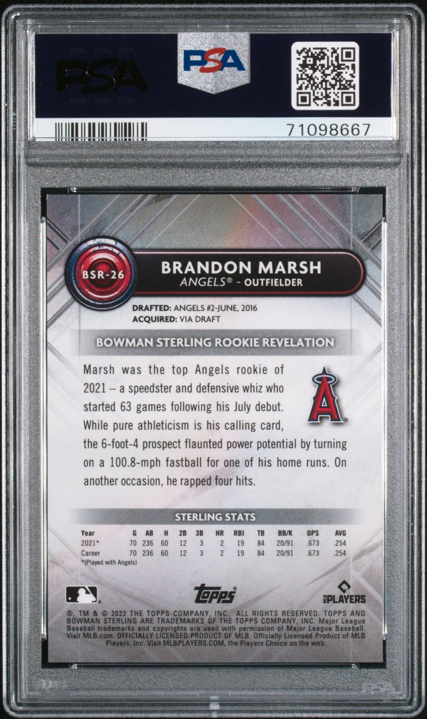 2022 Bowman Sterling Black Atomic Refractor Brandon Marsh #BSR26 RC /10 PSA 10 - Image 2