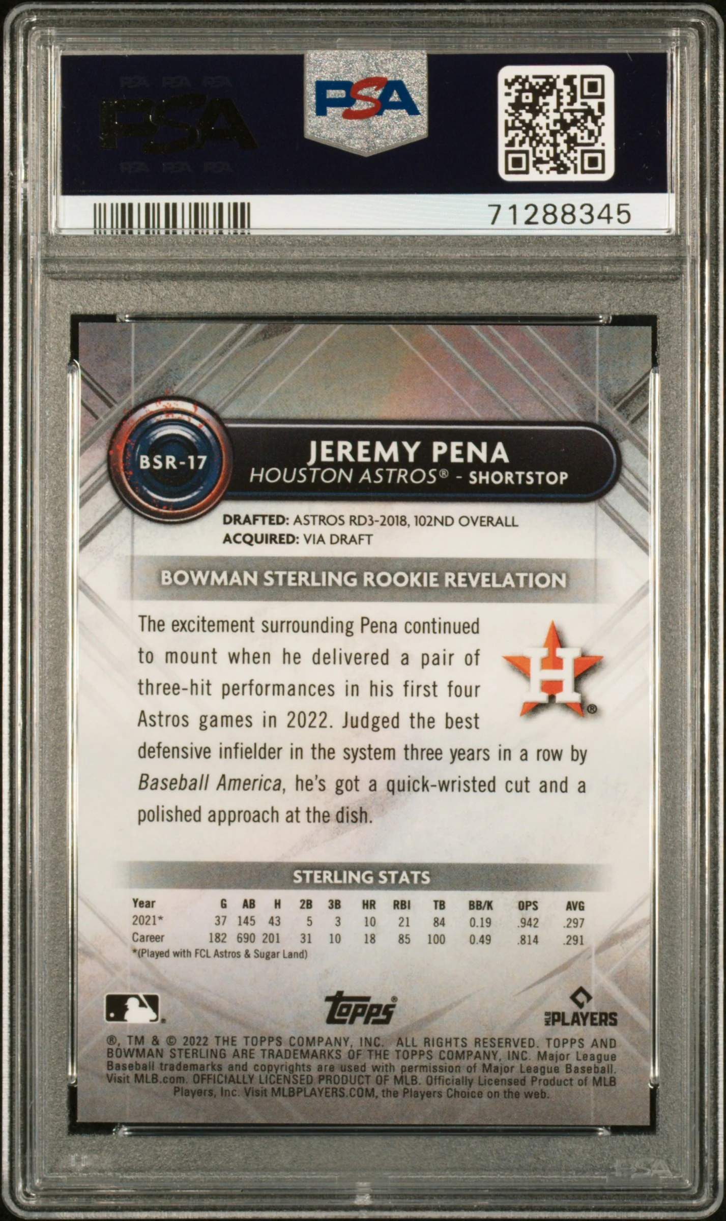 2022 Bowman Sterling Rookies Speckle Refractor Jeremy Pena #BSR17 /99 PSA 10 - Image 2