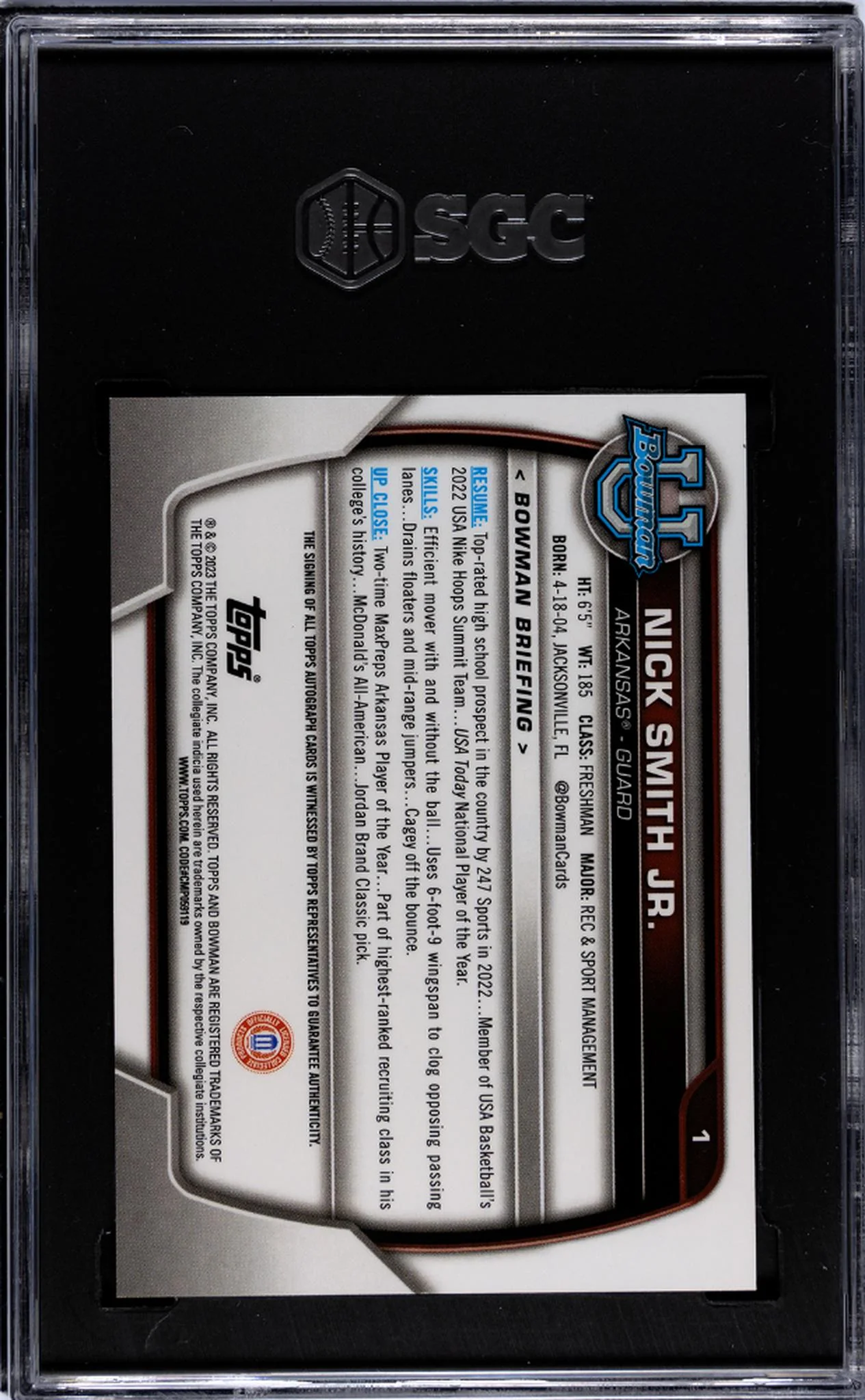 2022 Bowman U Nick Smith Jr. #1 Auto SGC 9.5 Auto 10 - Image 2