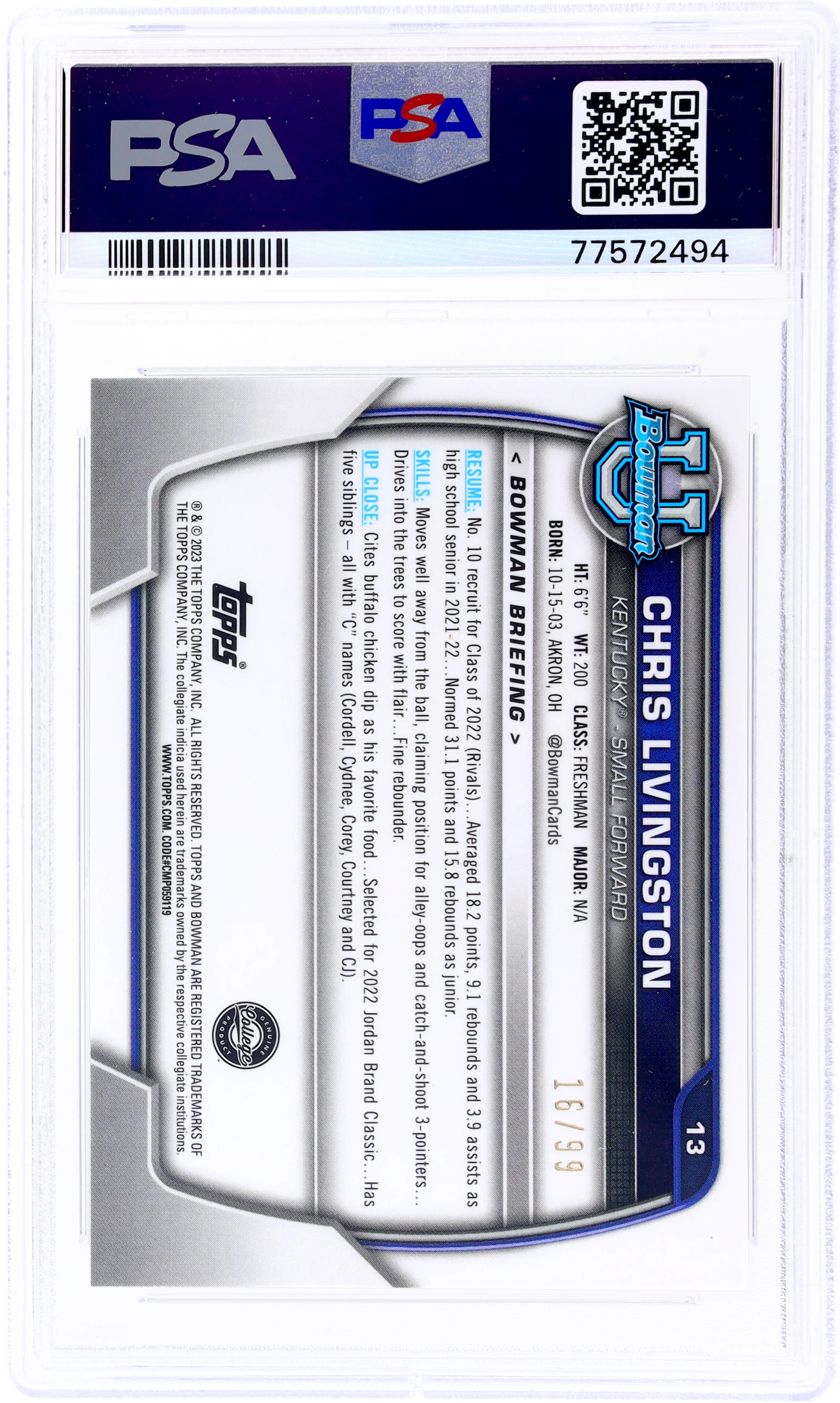 2022 Bowman University Green Refractor Chris Livingston #13 /99 PSA 10 - Image 2