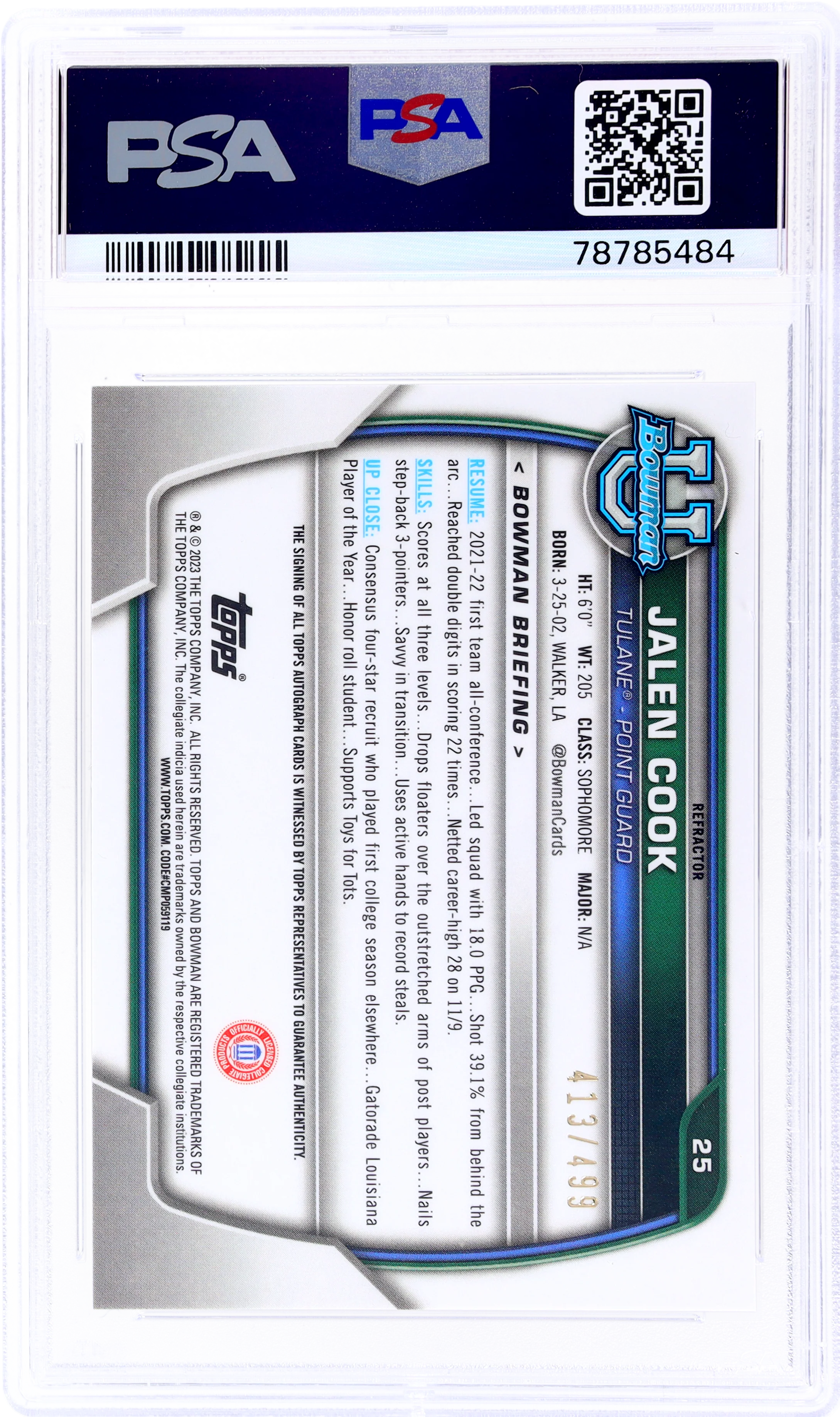 2022 Bowman University Refractor Jalen Cook #25 Auto /499 PSA 10 - Image 2