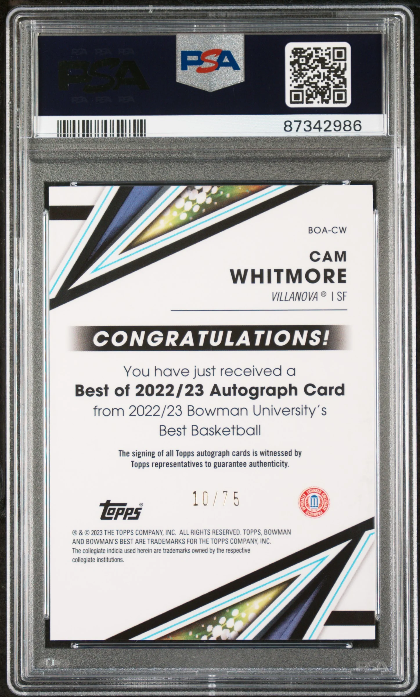 2022 Bowman Univ Best Gold Lava Cam Whitmore #BOACW Auto /75 PSA 10 - Image 2