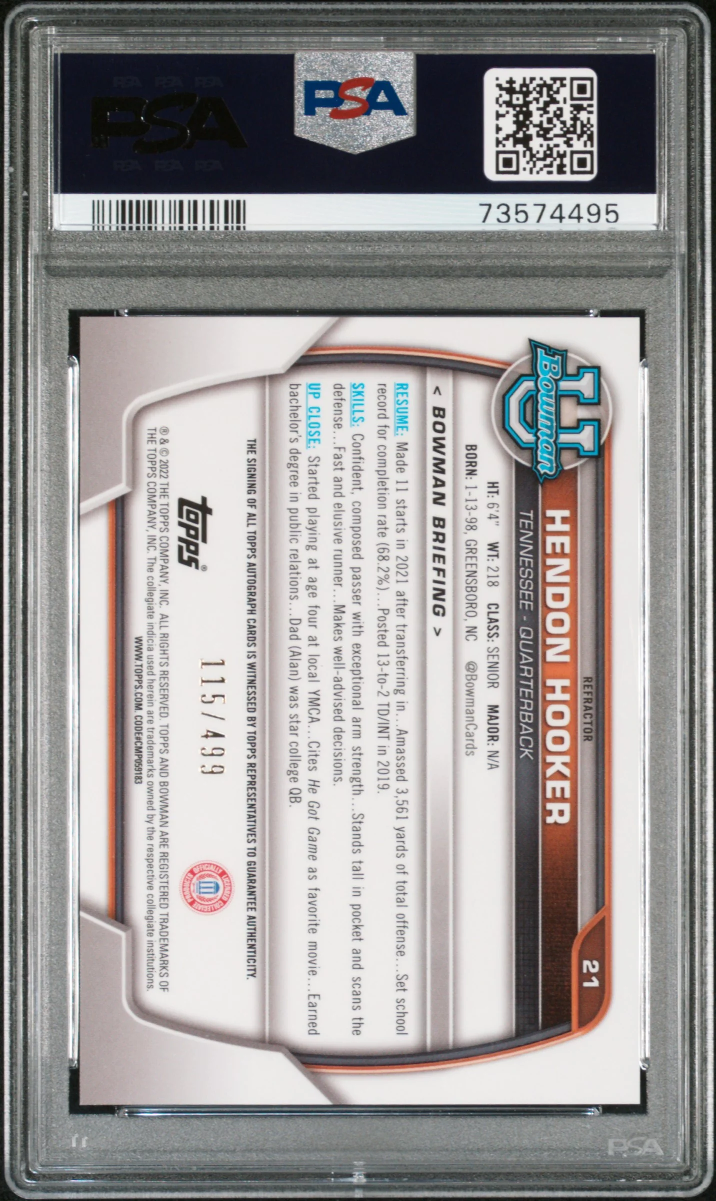 2022 Bowman University Chrome Autograph Refractor Hendon Hooker #21 /499 PSA 9 - Image 2