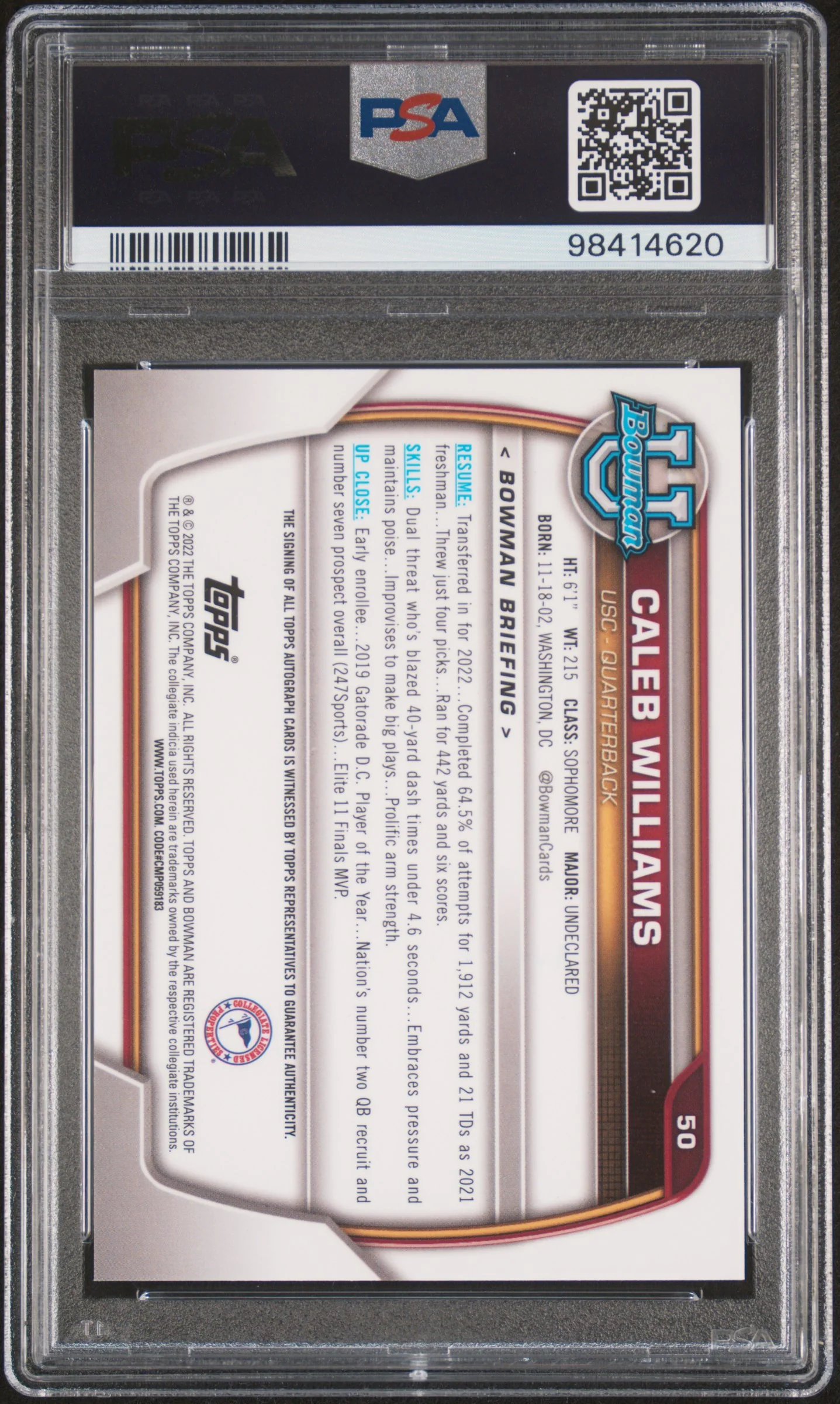 2022 Bowman University Chrome Chrome Prospect Autograph Caleb Williams #50 PSA 10 - Image 2