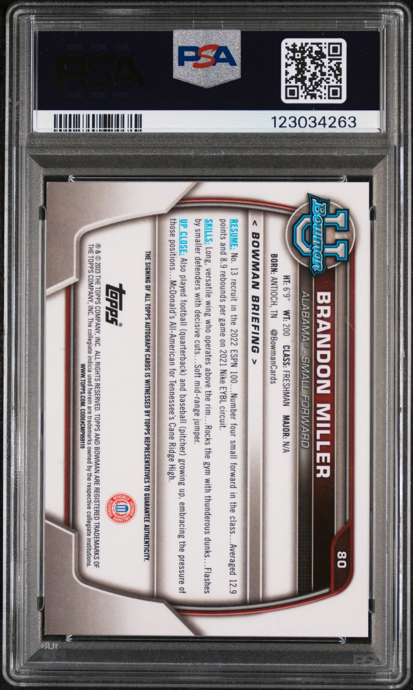 2022 Bowman University Prospect Autograph Brandon Miller #80 PSA 9 - Image 2