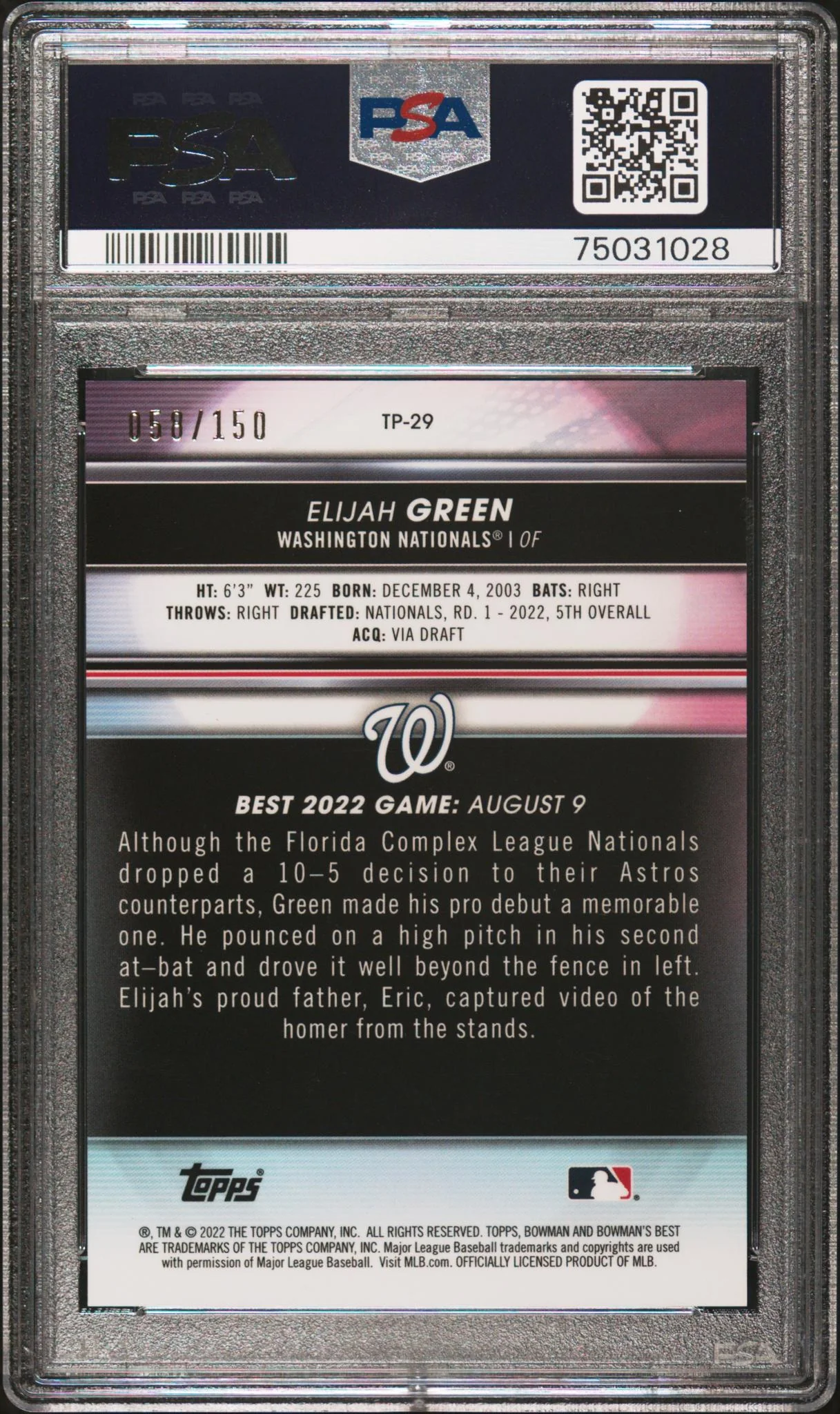 2022 Bowman's Best Top Prospects Blue Refractor Elijah Green #TP29 /150 PSA 10 - Image 2