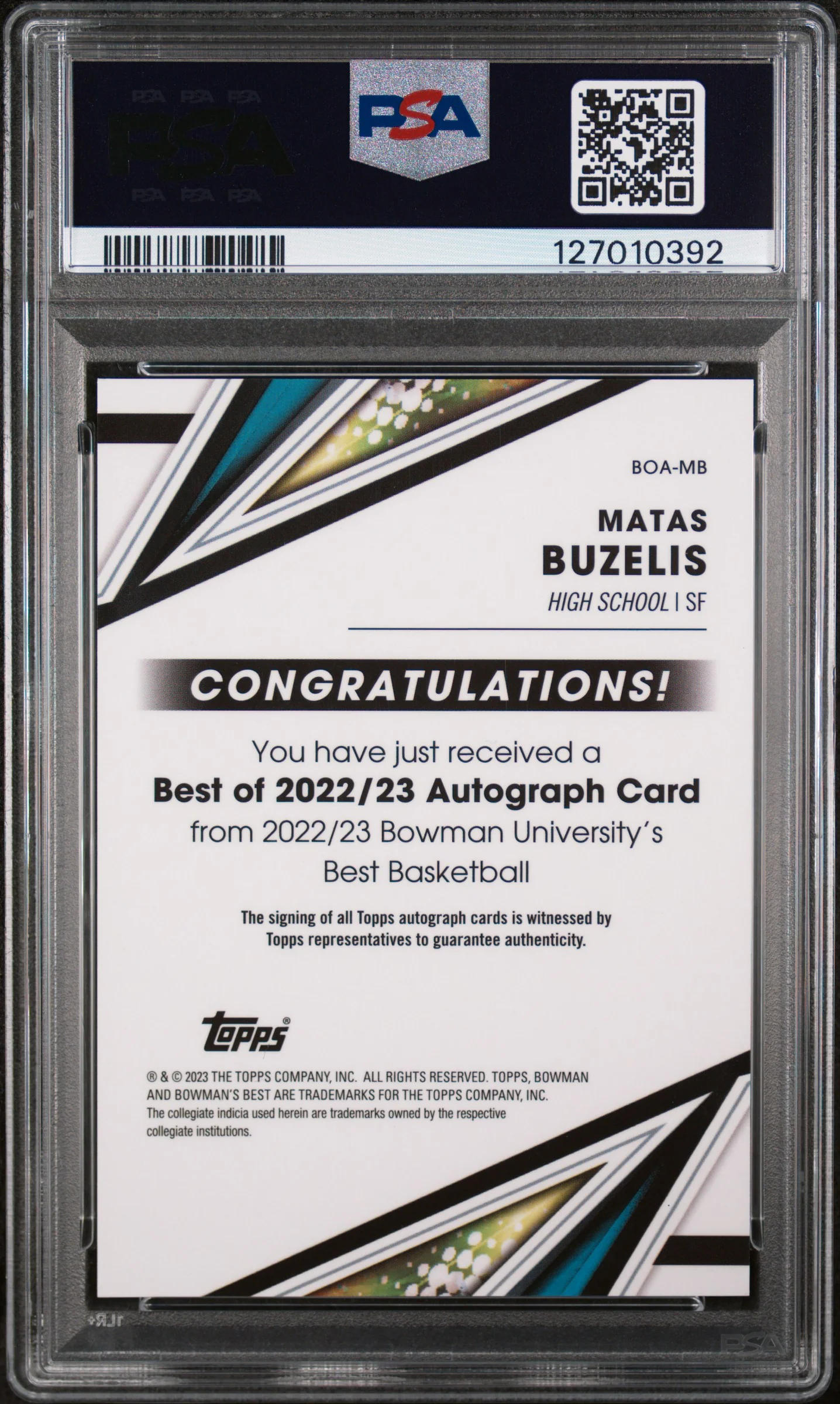 2022 Bowman's Best University Best of '22 Autograph Matas Buzelis #BOAMB PSA 9 - Image 2
