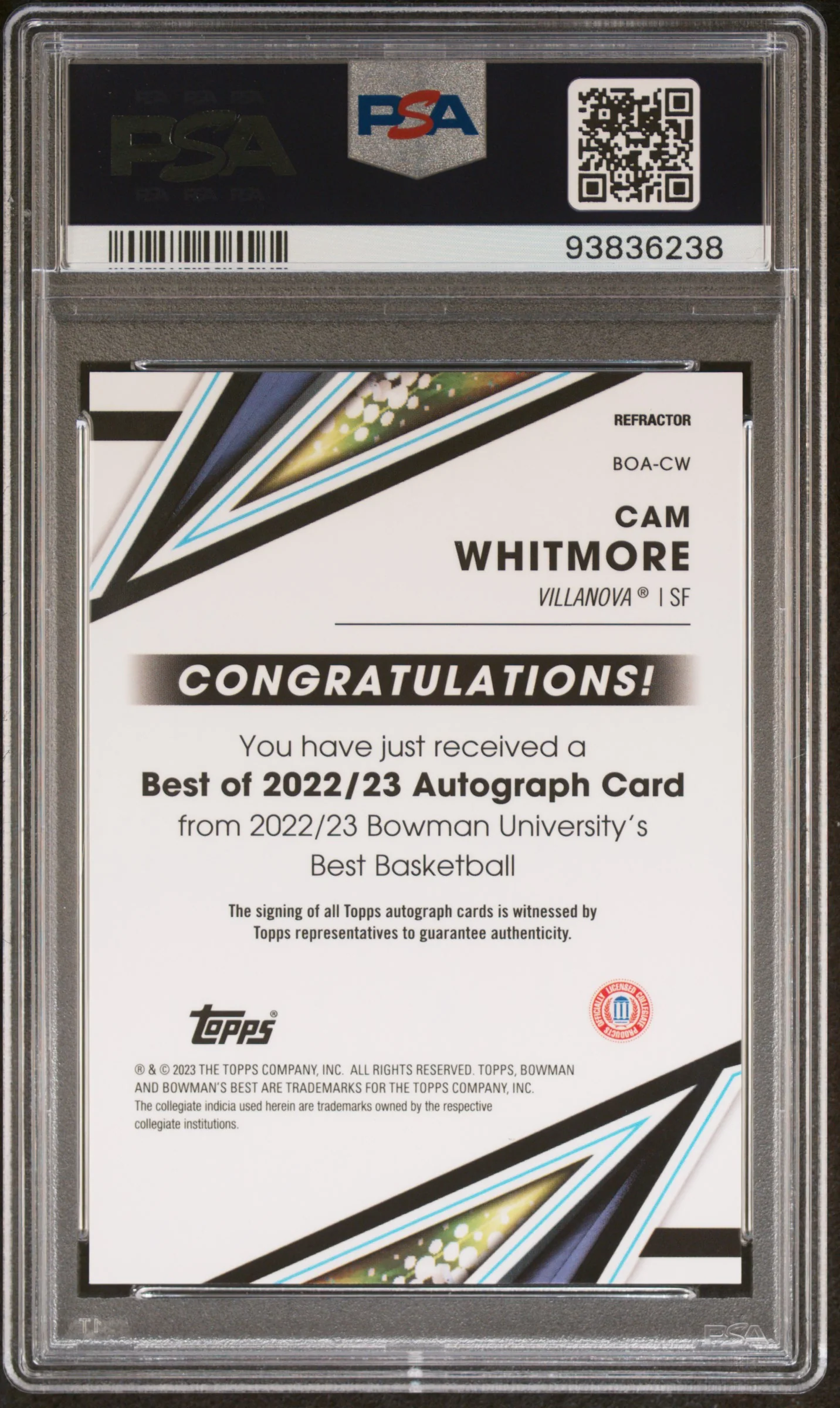 2022 Bowman Univ Best Refractor Cam Whitmore #BOACW Auto PSA 9 - Image 2