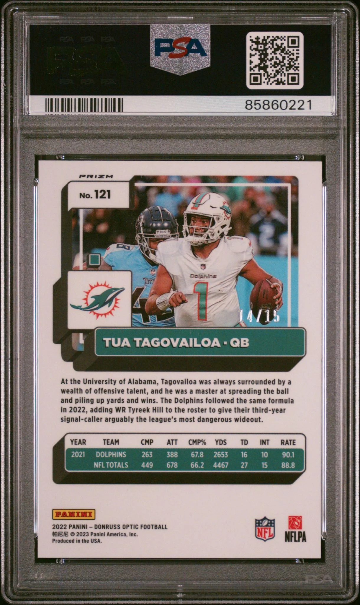2022 Donruss Optic Ice Tua Tagovailoa #121 /15 PSA 10 - Image 2