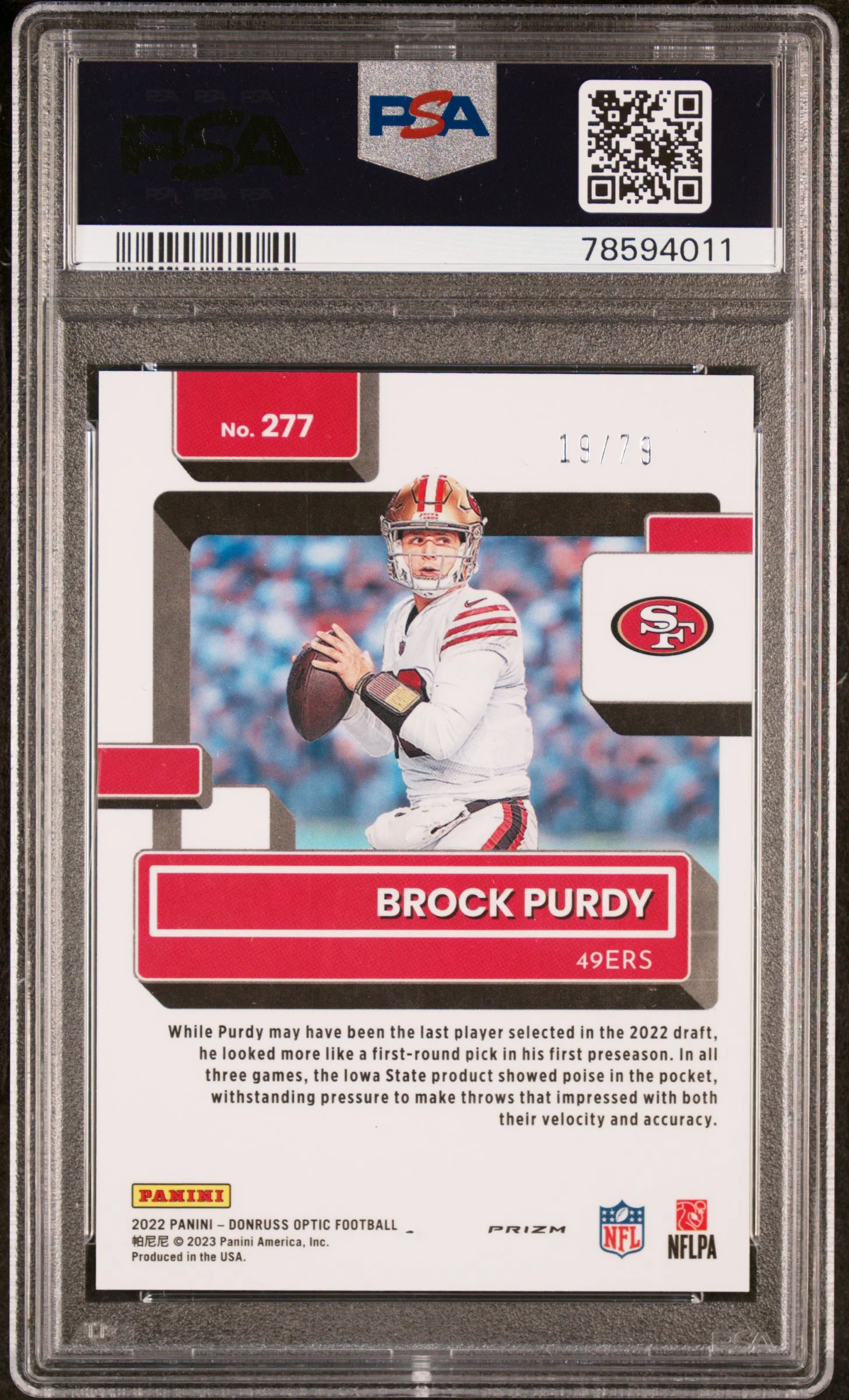 2022 Donruss Optic Pink Velocity Brock Purdy #277 /79 PSA 9 - Image 2
