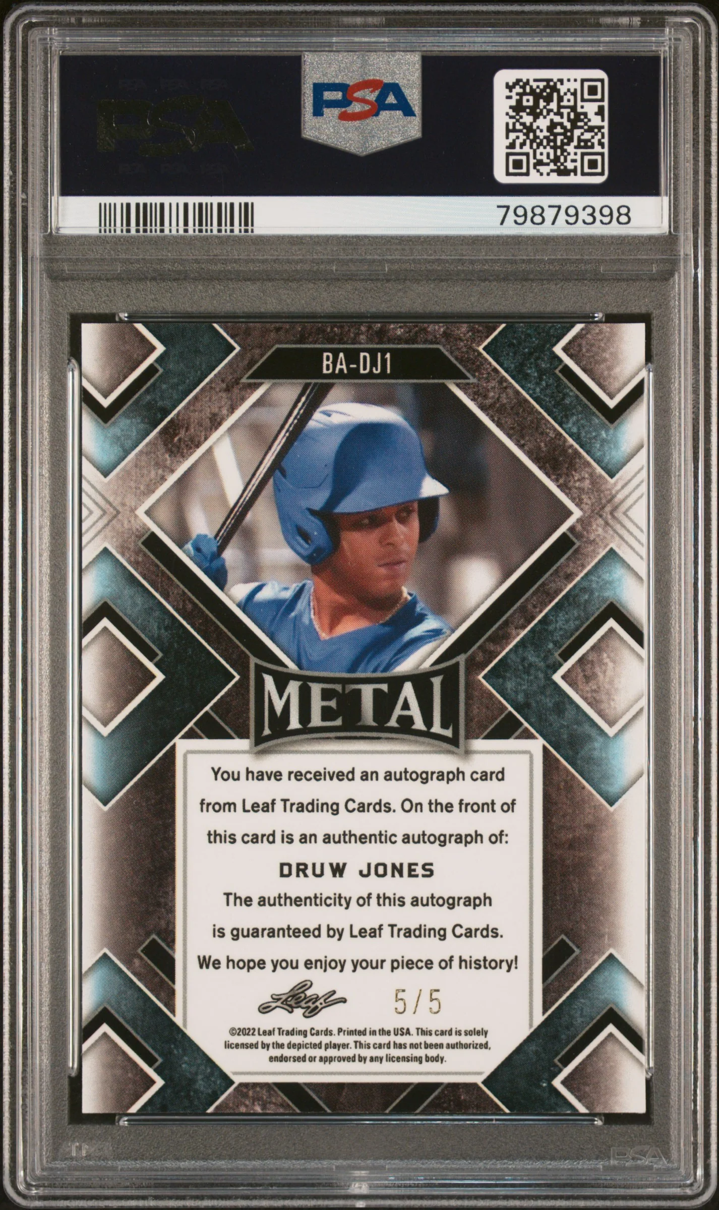 2022 Leaf Metal Autographs Blue Mojo Druw Jones 5/5 Rookie RC PSA 9 - Image 2