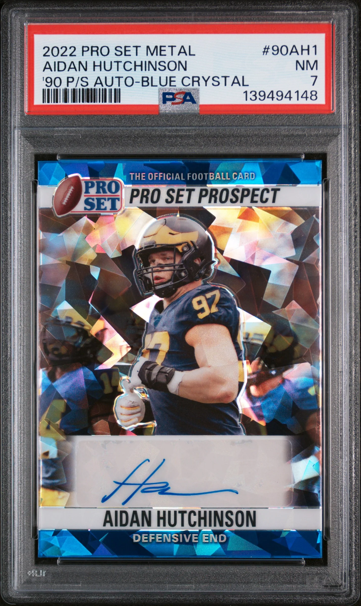 2022 Leaf Pro Set Metal 1990 Pro Set Autographs Blue Crystal Aidan Hutchinson #90AH1 /35 PSA 7