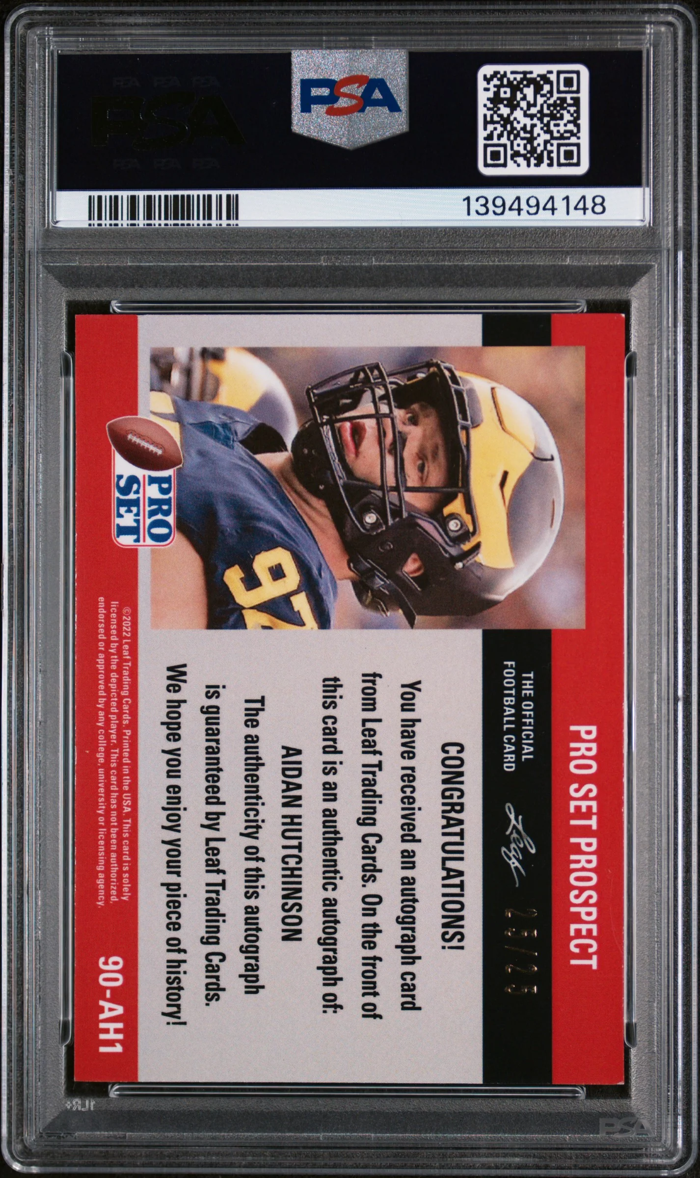 2022 Leaf Pro Set Metal 1990 Pro Set Autographs Blue Crystal Aidan Hutchinson #90AH1 /35 PSA 7 - Image 2