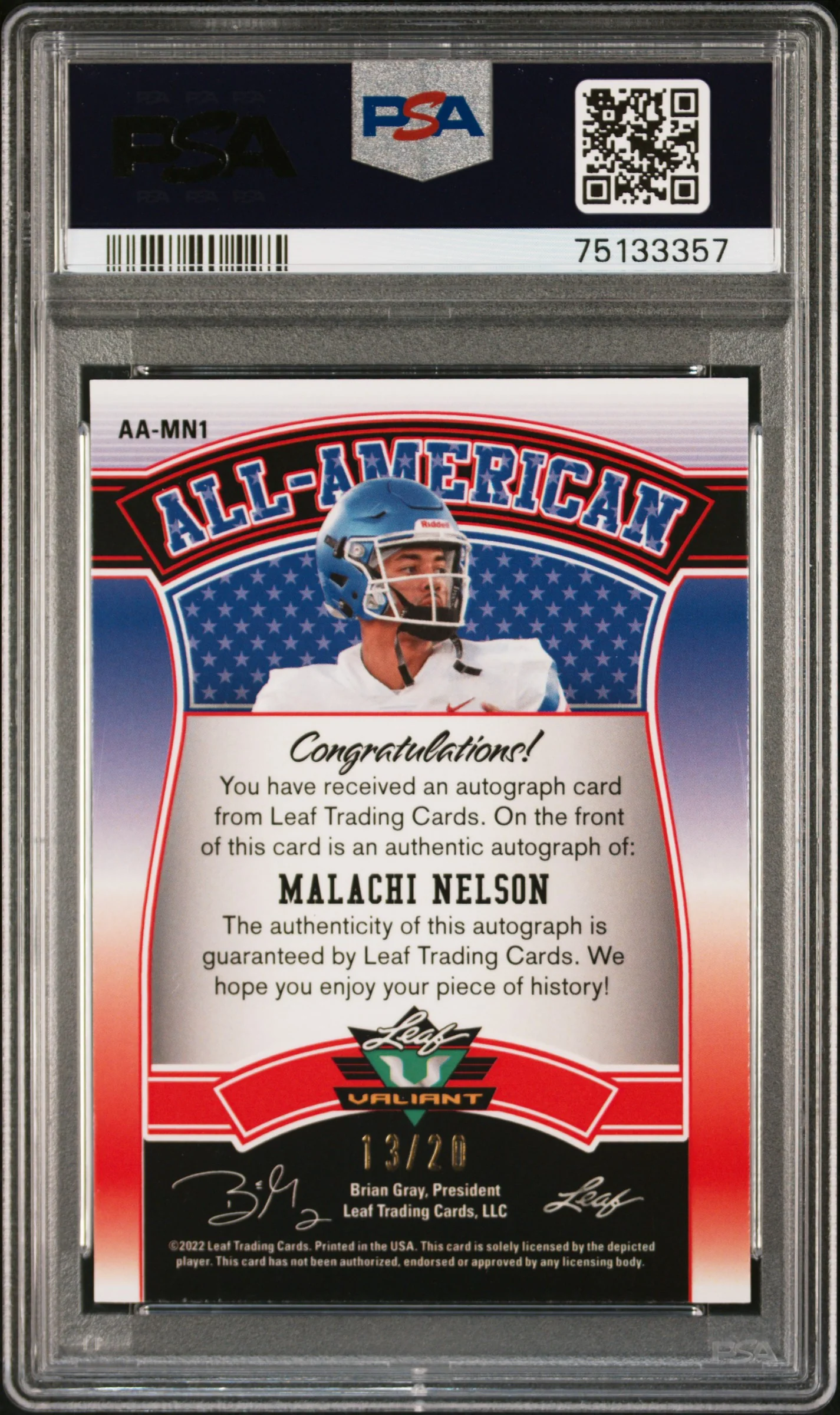 2022 Leaf Valiant All-American Autograph Navy Blue Malachi Nelson #AAMN1 /20 PSA 10 - Image 2