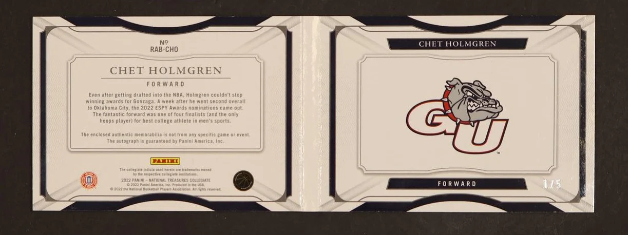2022 National Treasures Collegiate Chet Holmgren Rookie Booklet Auto /5 - Image 2
