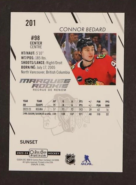 2023-24 O-Pee-Chee Platinum #201 Connor Bedard Marquee Rookies Sunset Rookie - Image 2