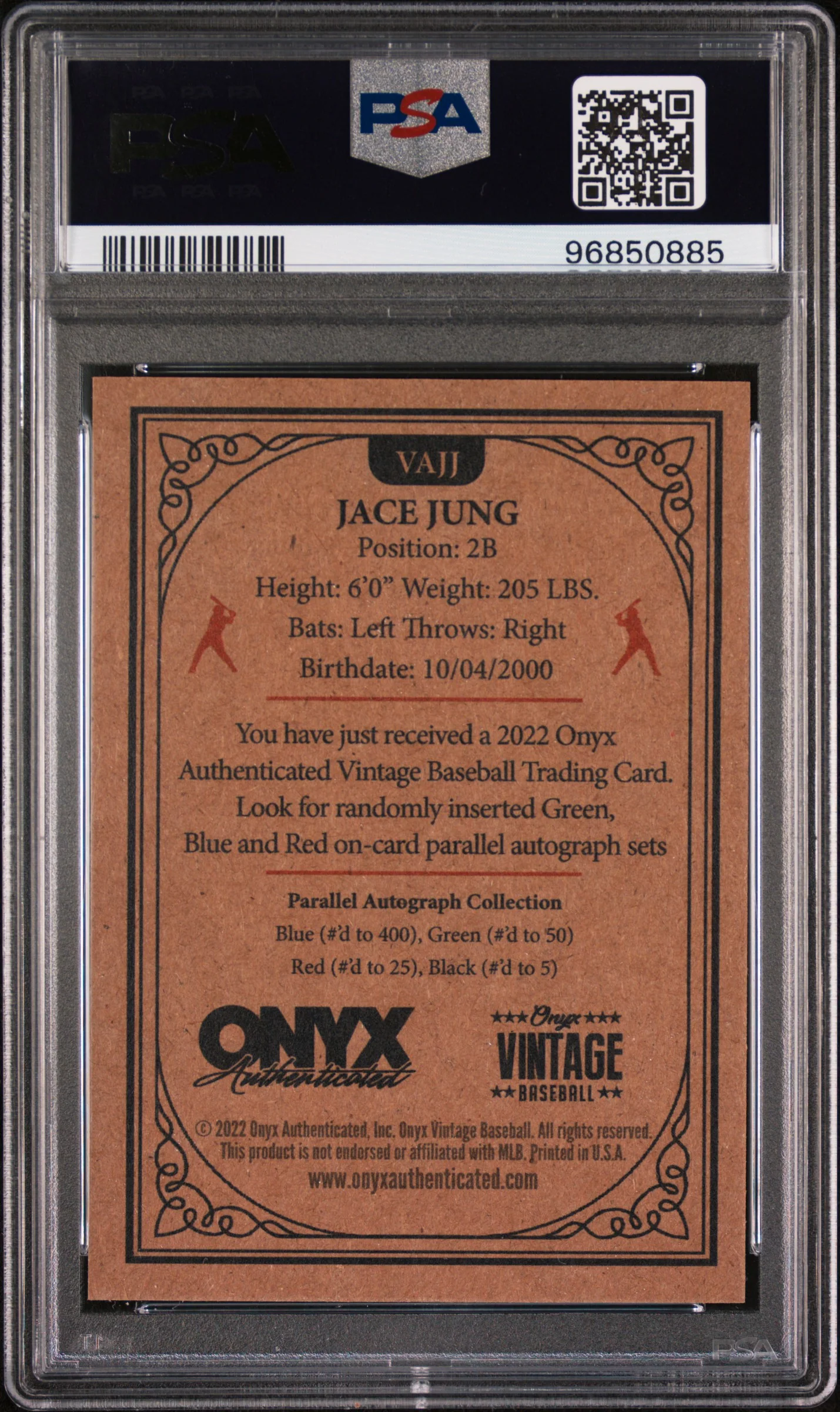 2022 Onyx Vintage Ext Red Jace Jung #VAJJ Auto /25 PSA 10 - Image 2