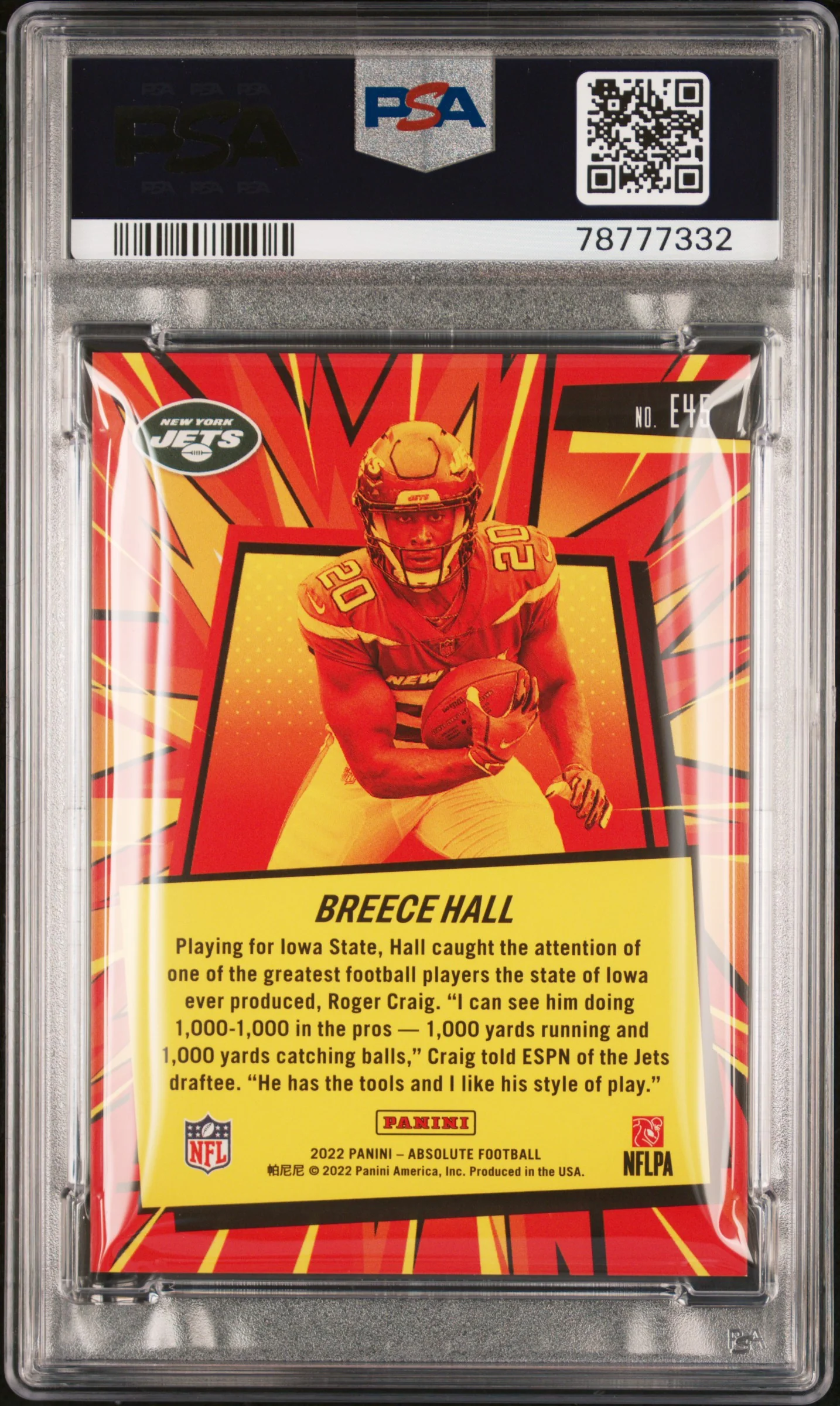2022 Panini Absolute Explosive Gold Breece Hall #E45 /10 PSA 9 - Image 2