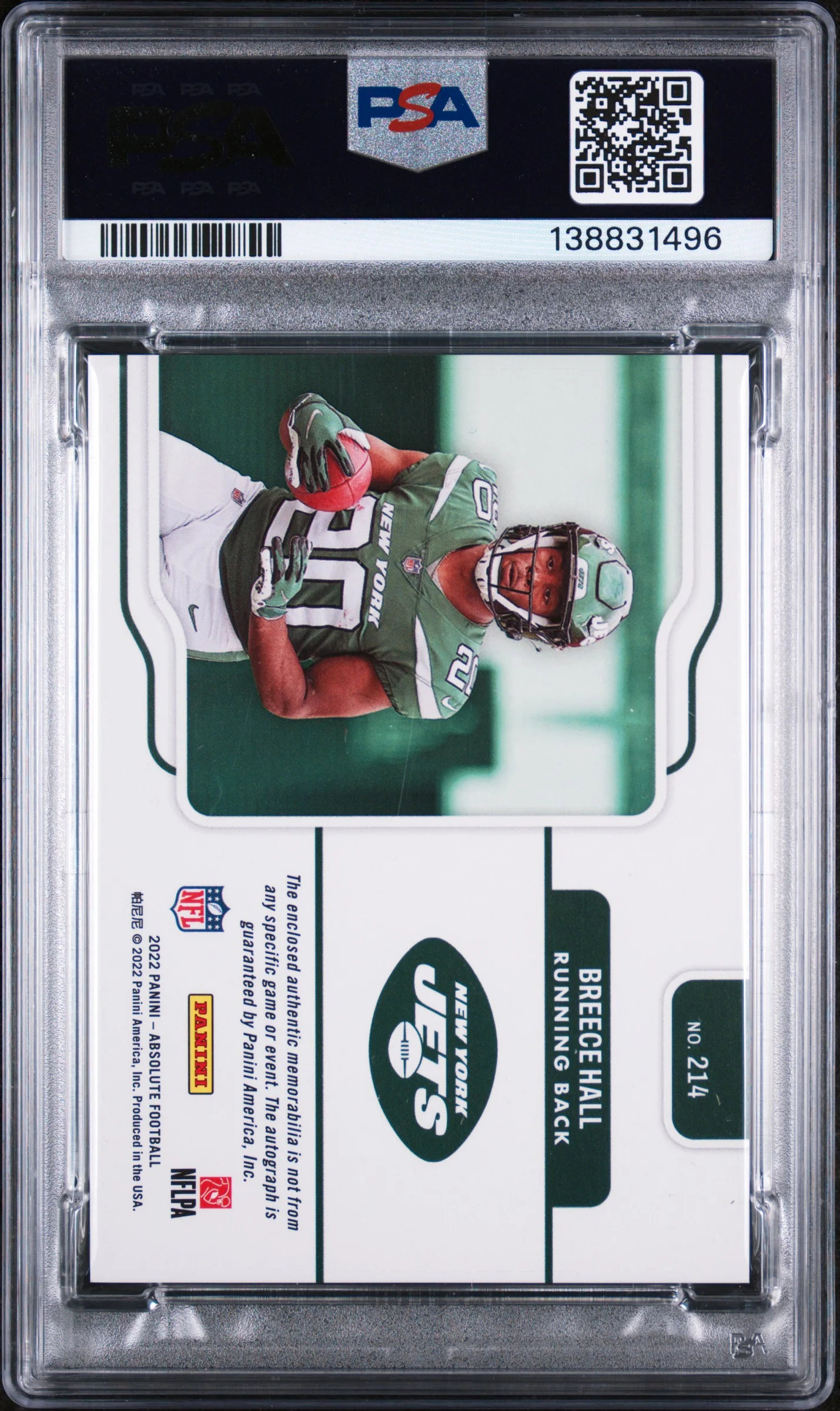 2022 Panini Absolute Material Autograph-Spectrum Breece Hall #214 /99 PSA 9 - Image 2