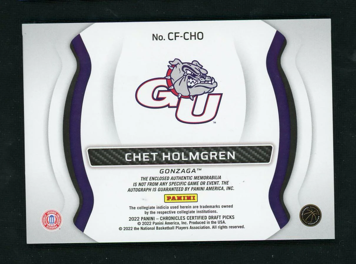 2022 Panini Certified DP Freshman Fabric Chet Holmgren #CF-CHO Patch Auto /99 - Image 2