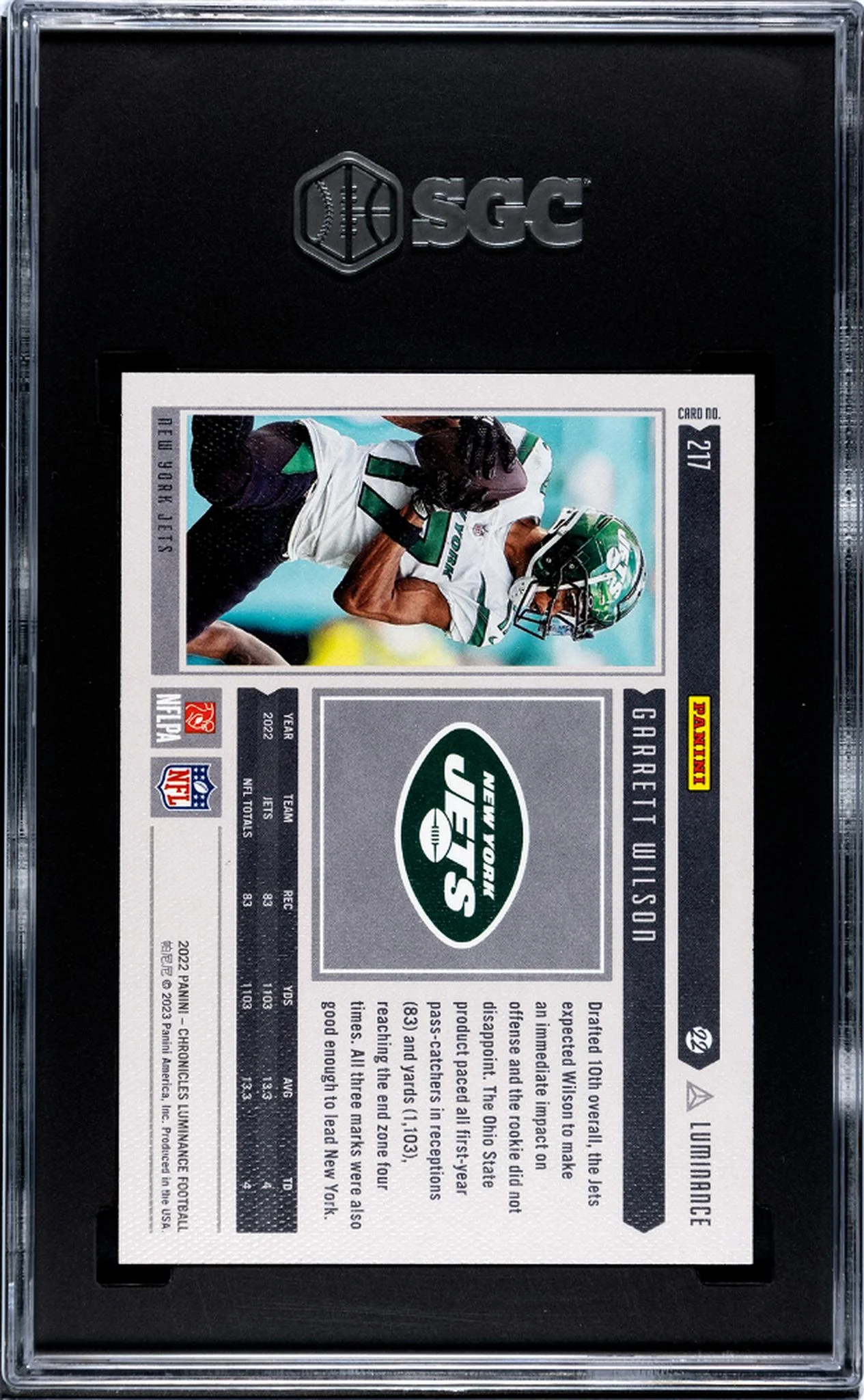 2022 Panini Chronicles #217 Garrett Wilson Luminance SGC 10 - Image 2