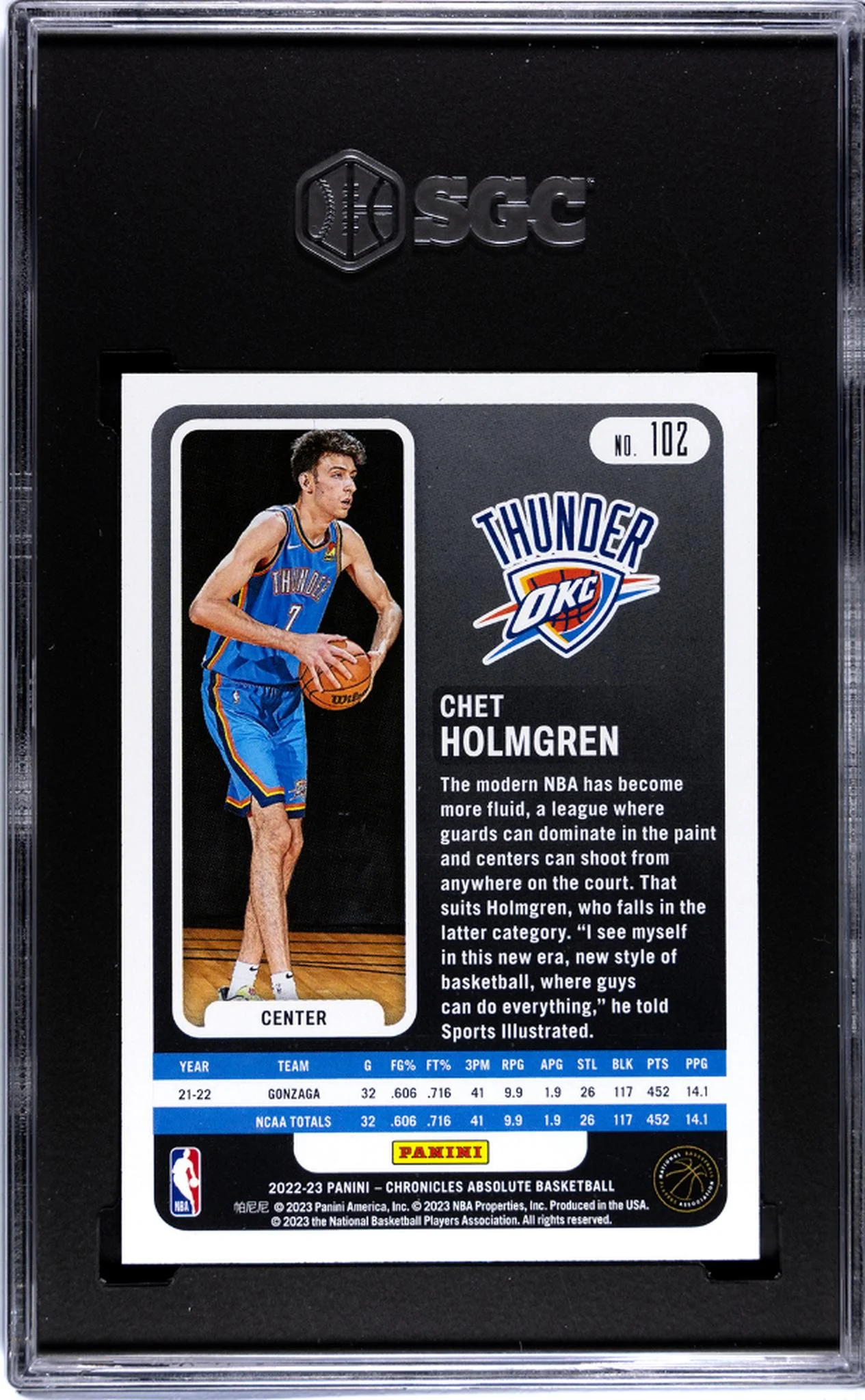 2022 Panini Chronicles Absolute Chet Holmgren #102 RC SGC 10 - Image 2
