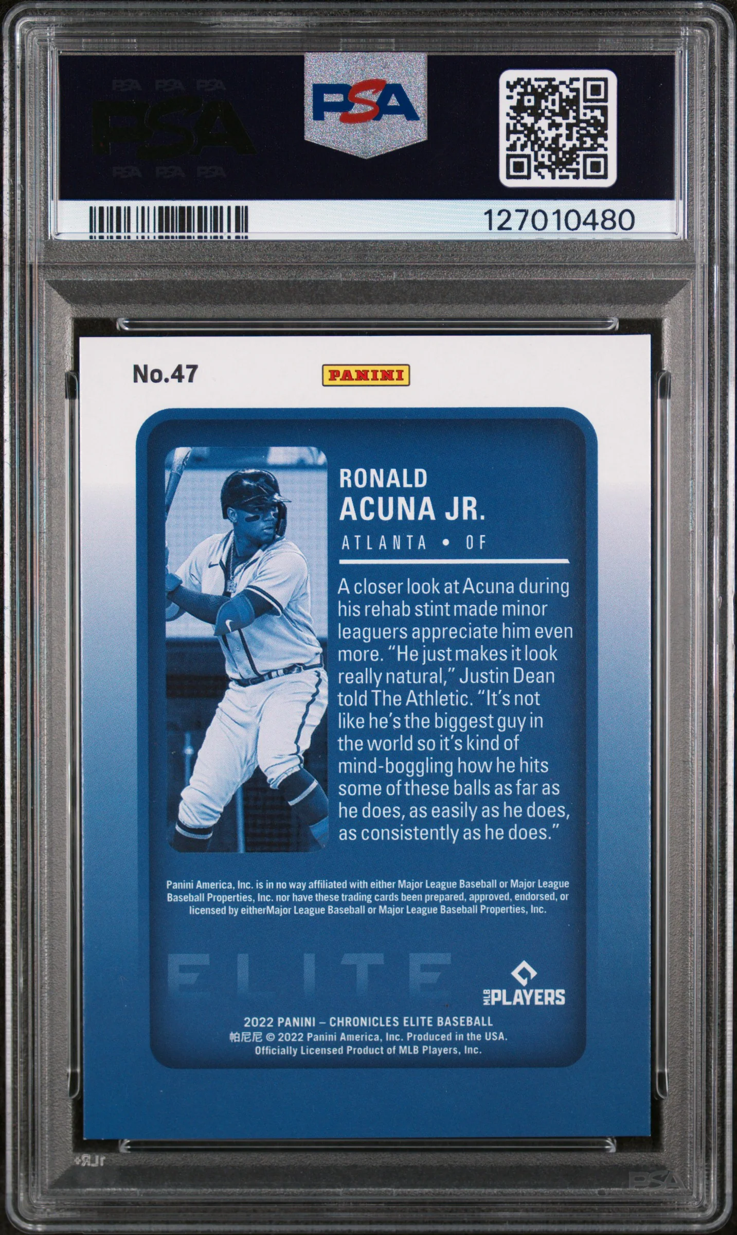 2022 Panini Chronicles Elite Green Ronald Acuna Jr. #47 /5 PSA 9 - Image 2