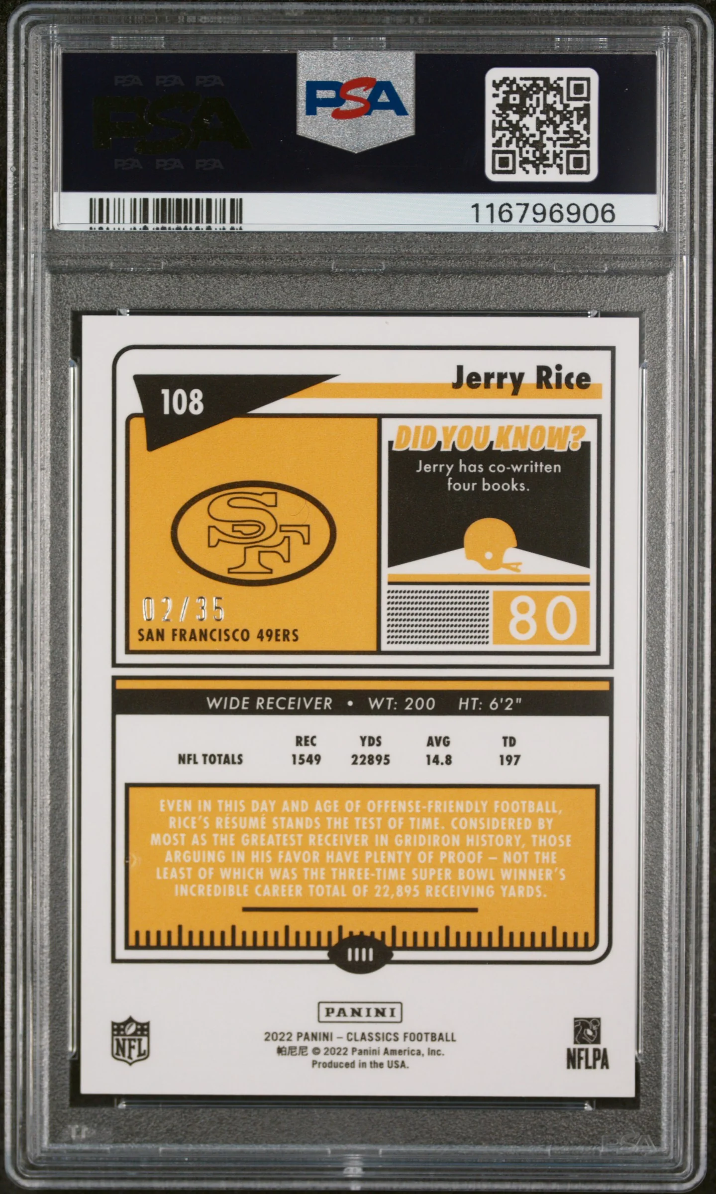 2022 Panini Classics Timeless Tributes H2 Red Jerry Rice #108 /35 PSA 8 - Image 2