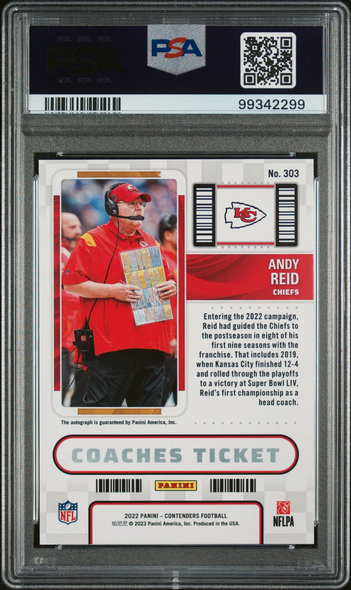 2022 Panini Contenders Coaches Ticket Andy Reid #303 Auto /99 PSA 10 - Image 2
