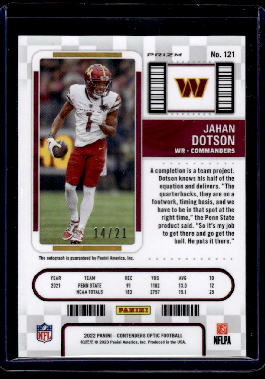 2022 Panini Contenders Optic 121 Jahan Dotson Rookie Ticket Prizm Rookie /21 Commanders Auto - Image 2