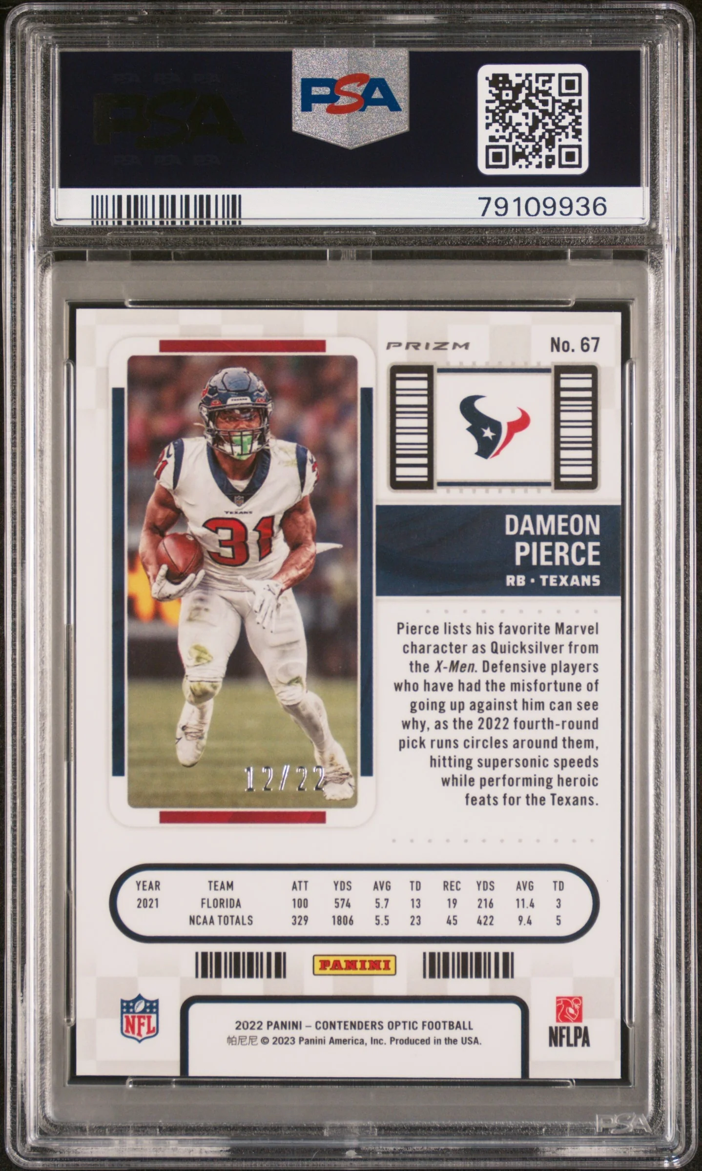 2022 Panini Contenders Optic Cracked Ice Dameon Pierce #67 /22 PSA 10 - Image 2