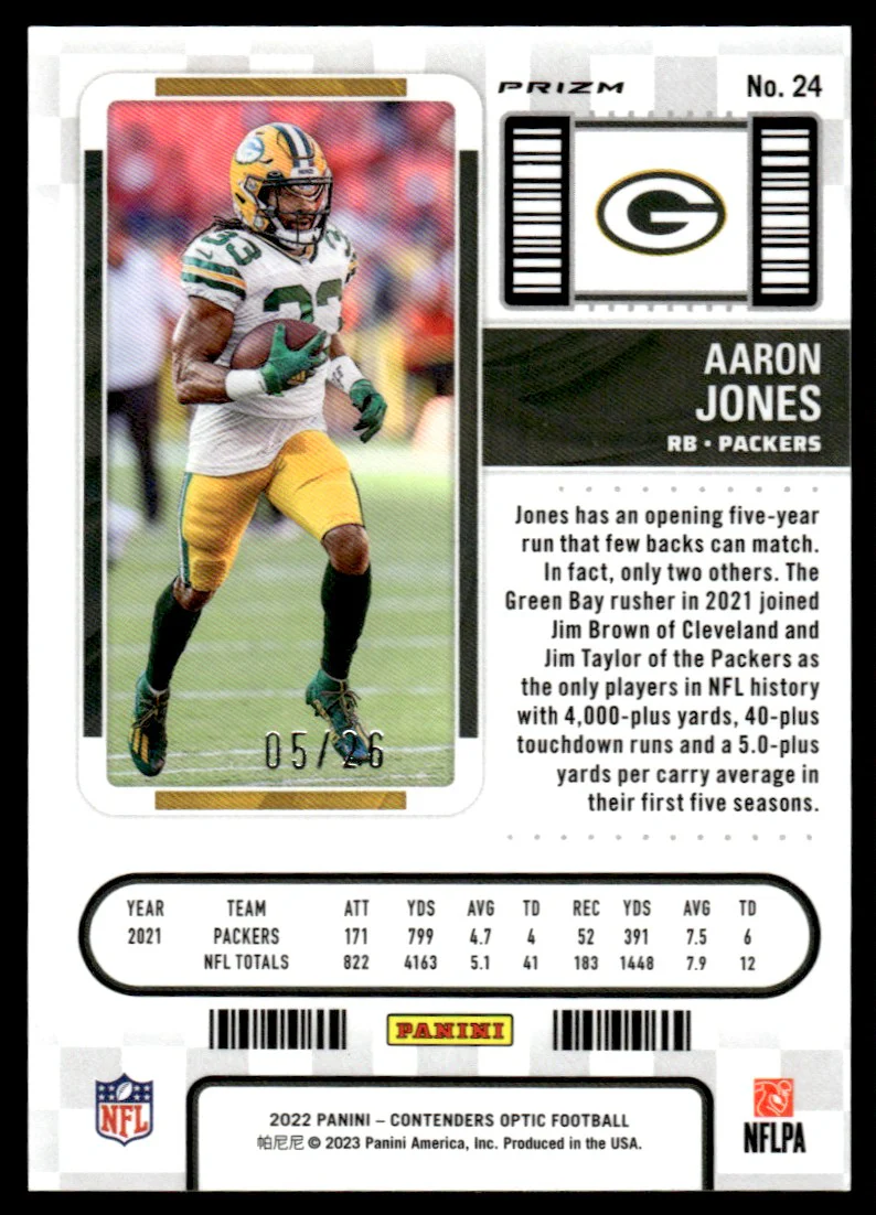 2022 Panini Contenders Optic Purple Pulsar Prizm Aaron Jones #24 /26 - Image 2