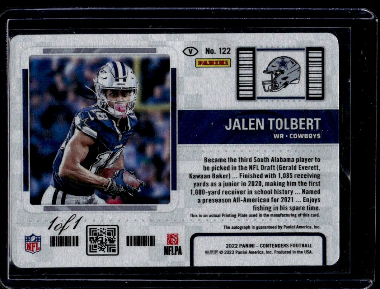 2022 Panini Contenders Printing Plate Jalen Tolbert #122 RC Auto 1/1 - Image 2