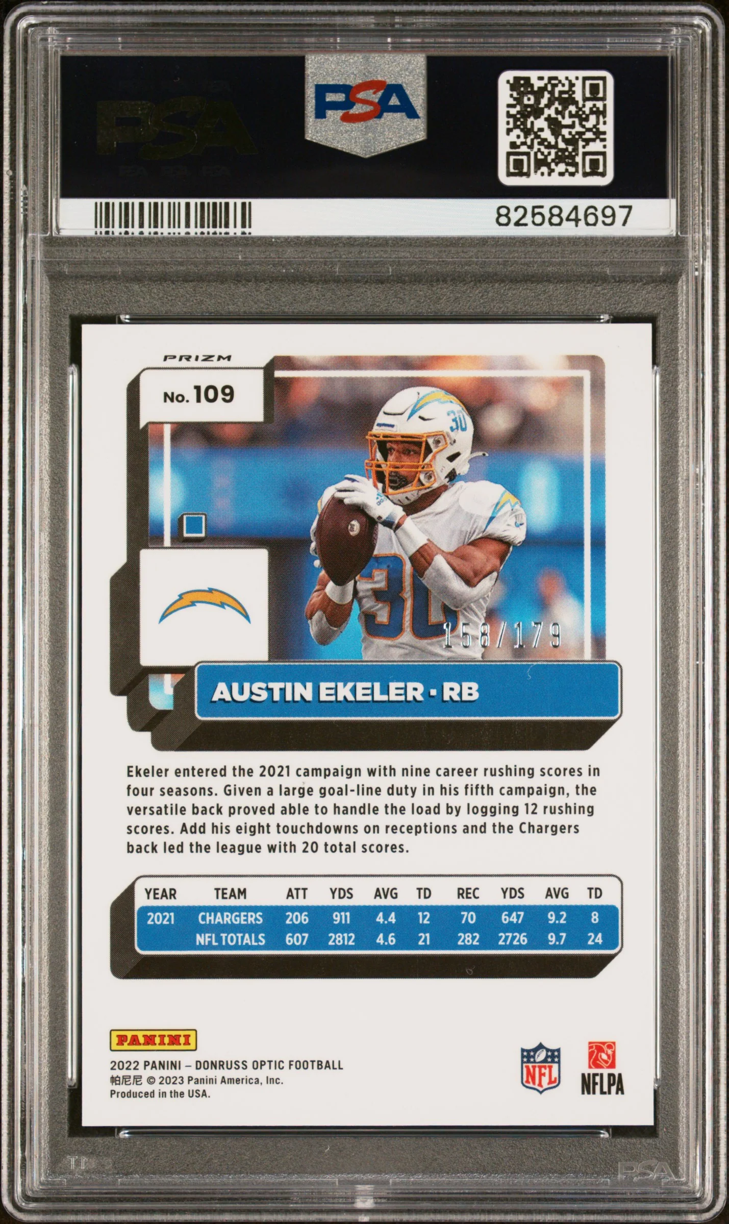 2022 Panini Donruss Optic Blue Austin Ekeler #109 /179 PSA 10 - Image 2