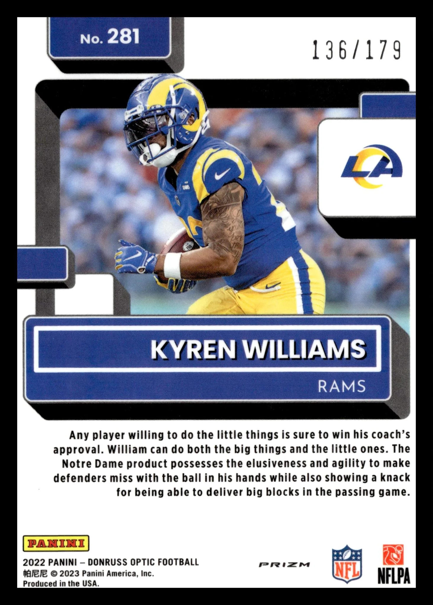 2022 Panini Donruss Optic Blue Kyren Williams #281 RC /179 - Image 2