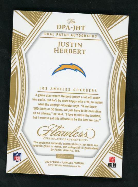 2022 Panini Flawless DPA-JHT Justin Herbert Dual Patch Autographs /5 VG Los Angeles Chargers - Image 2