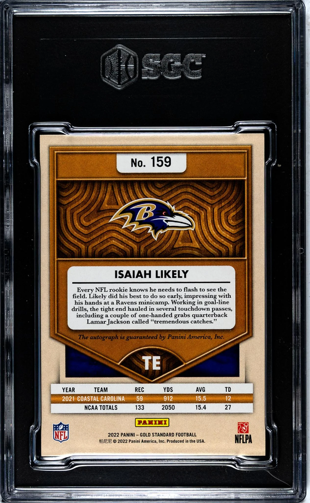 2022 Panini Gold Standard Isaiah Likely #159 RC Auto /199 SGC 9.5 Auto 10 - Image 2