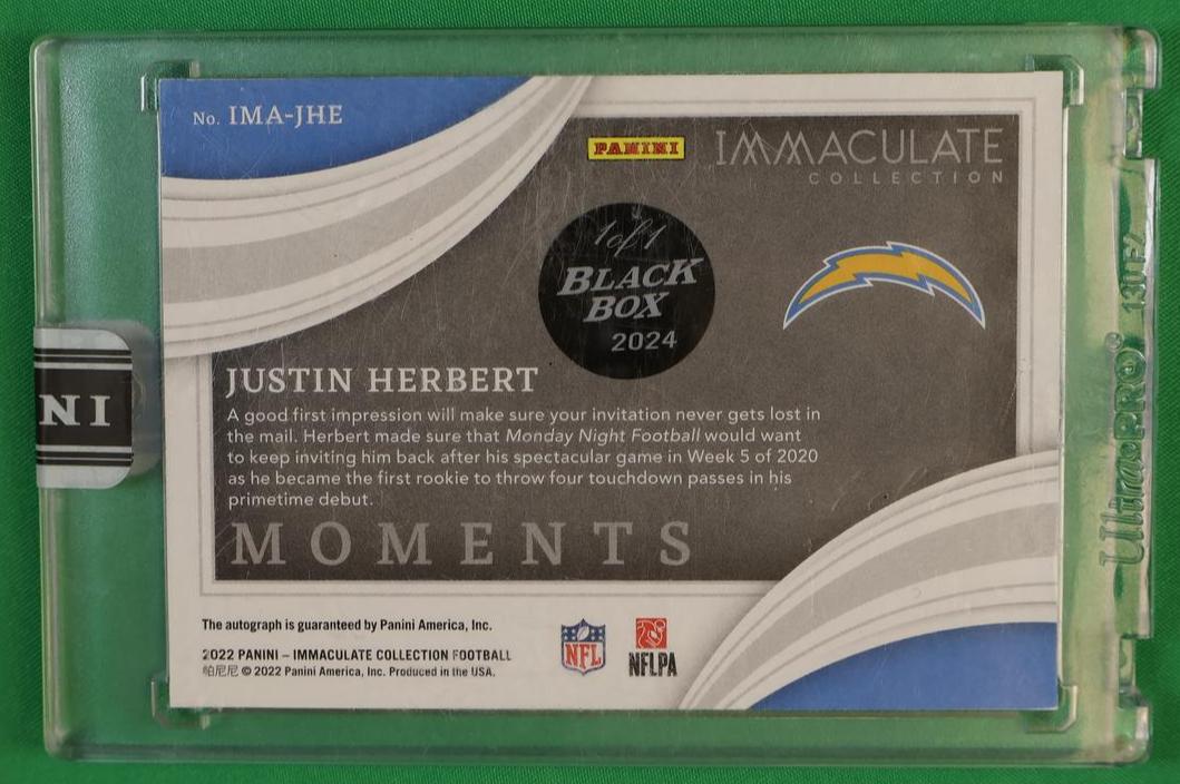 2022 Panini Immaculate IMA-JHE Justin Herbert Moments Chargers Auto - Image 2