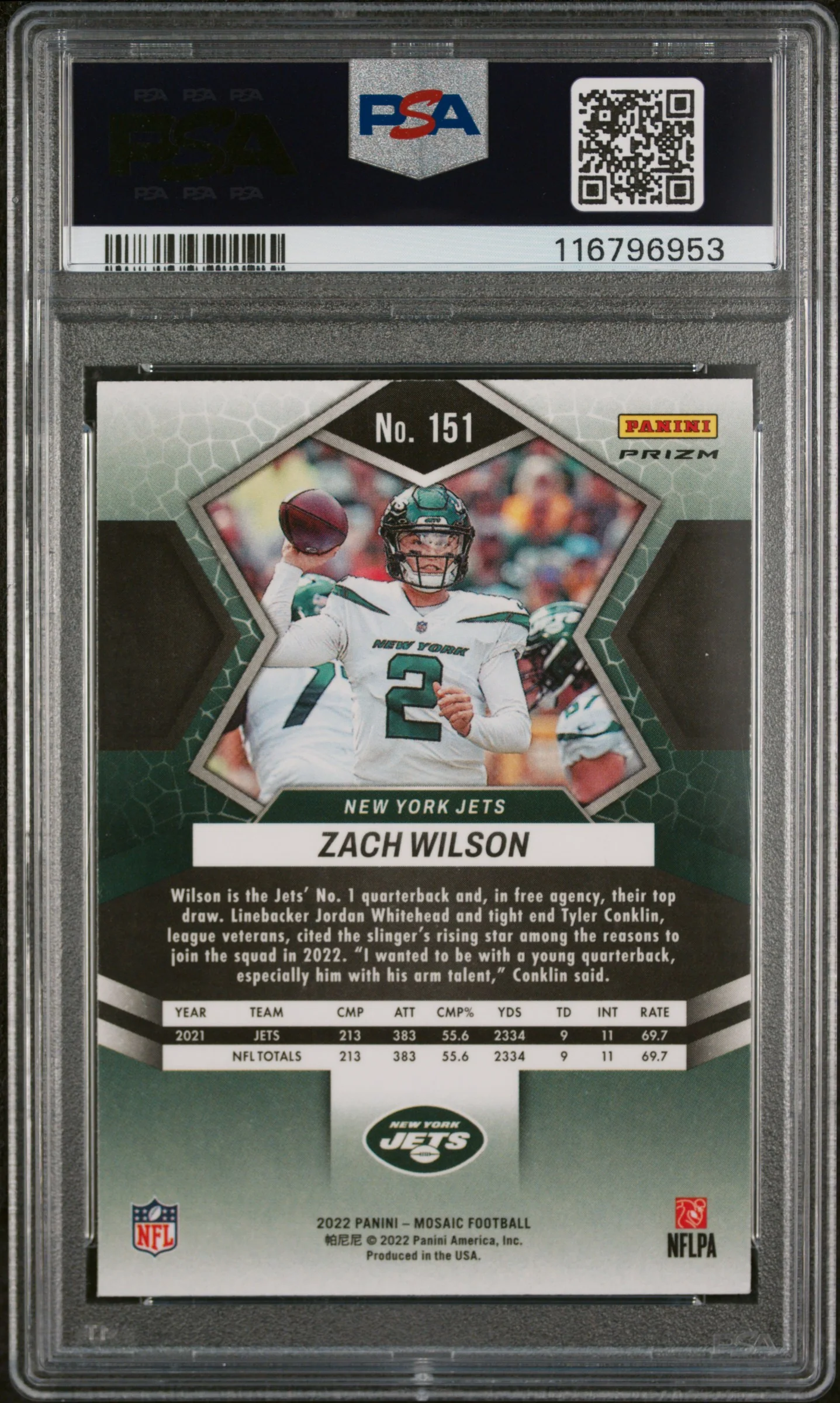 2022 Panini Mosaic Genesis Zach Wilson #151 PSA 9 - Image 2