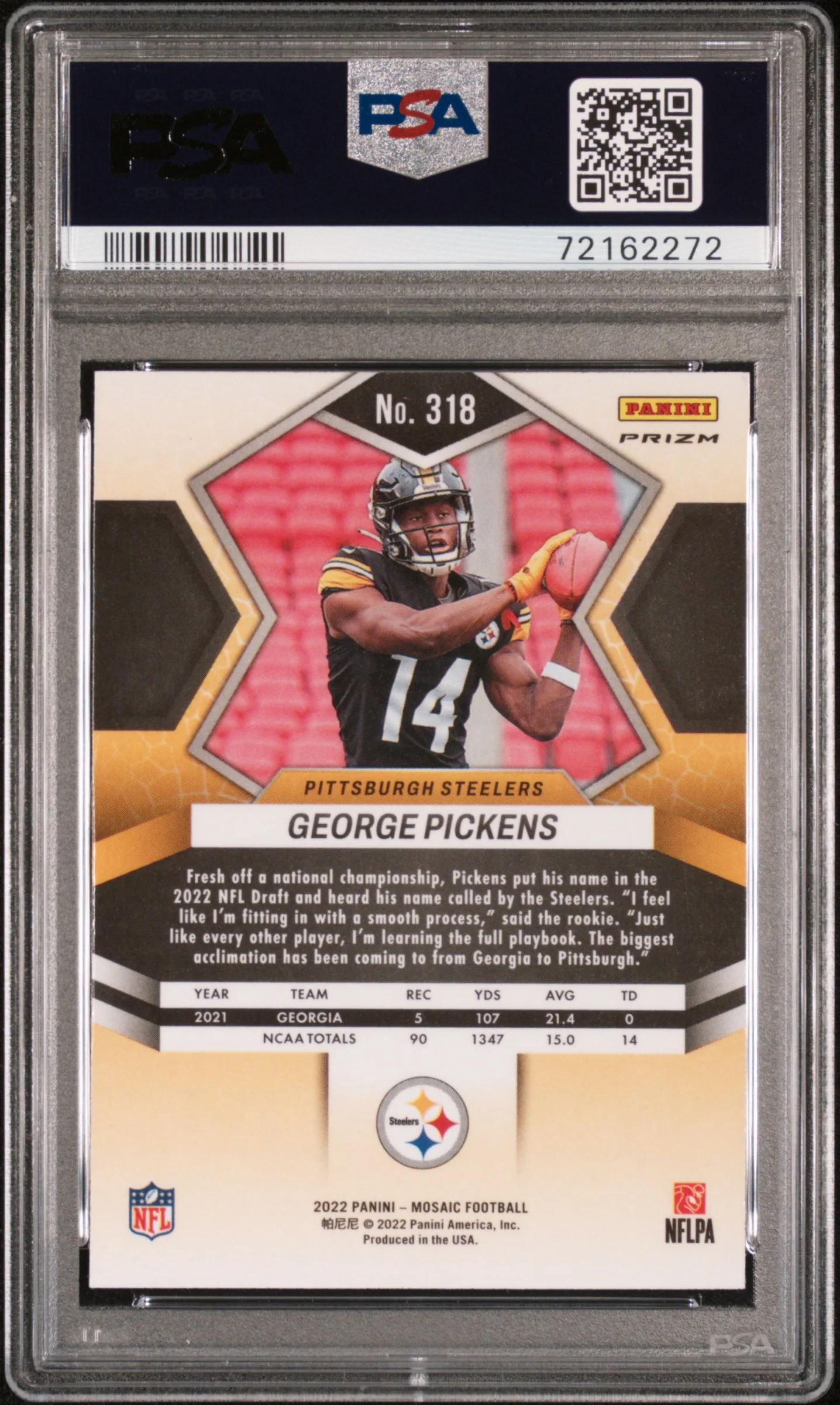 2022 Panini Mosaic Green Mosaic Prizm George Pickens #318 PSA 10 - Image 2