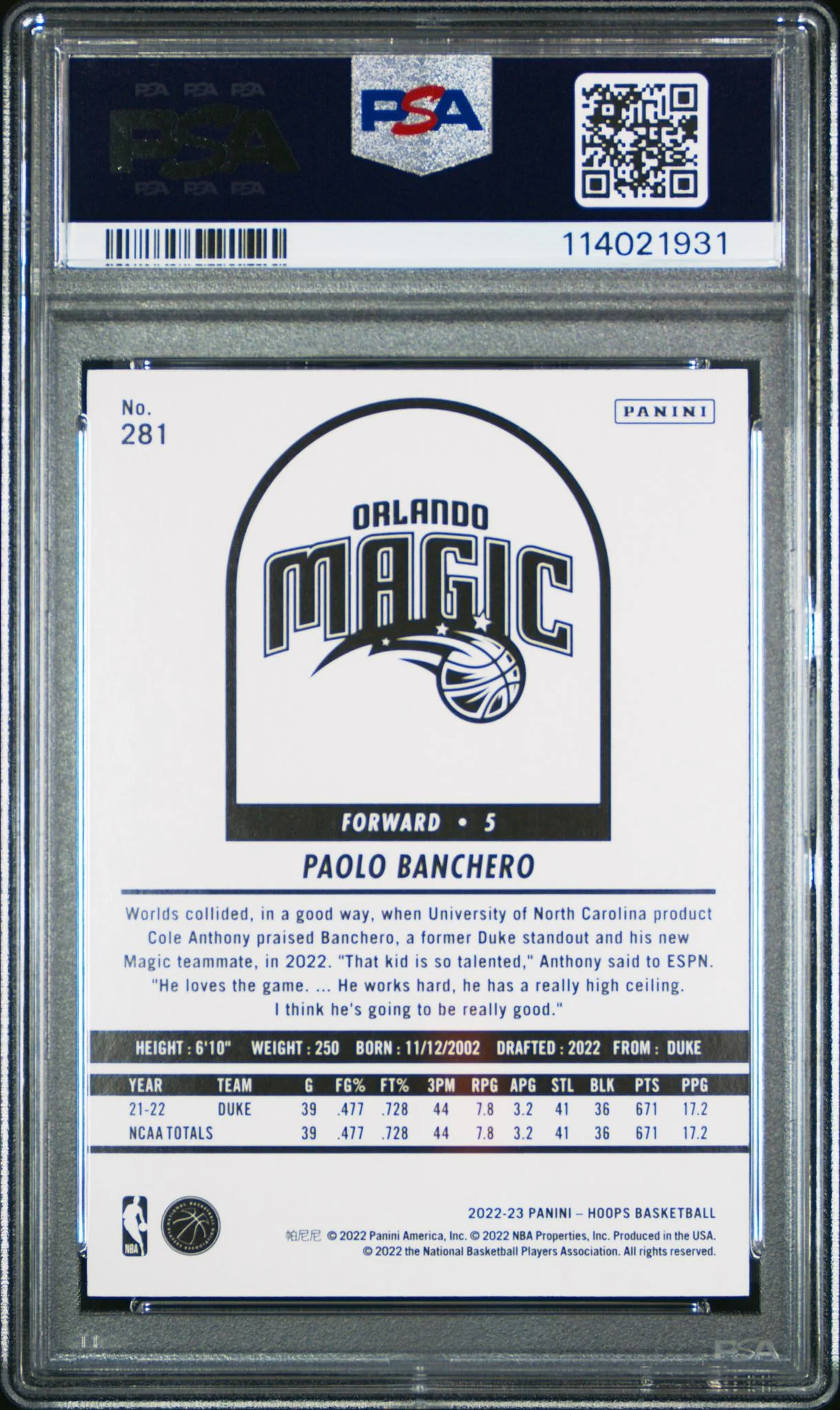 2022 Panini NBA Hoops Silver Paolo Banchero #281 /199 PSA 9 - Image 2