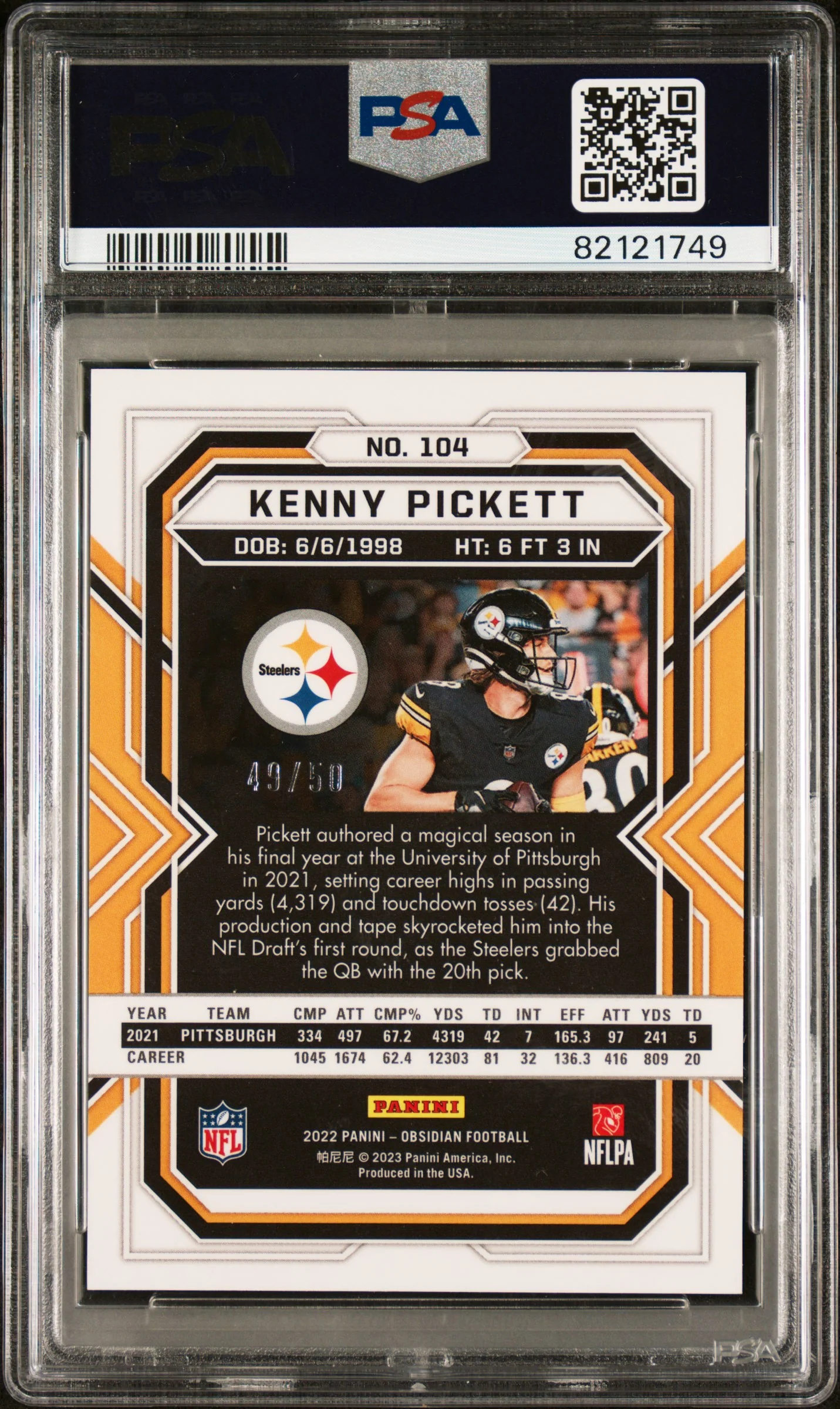 2022 Panini Obsidian Electric Etch Green Kenny Pickett #104 RC /50 PSA 10 - Image 2
